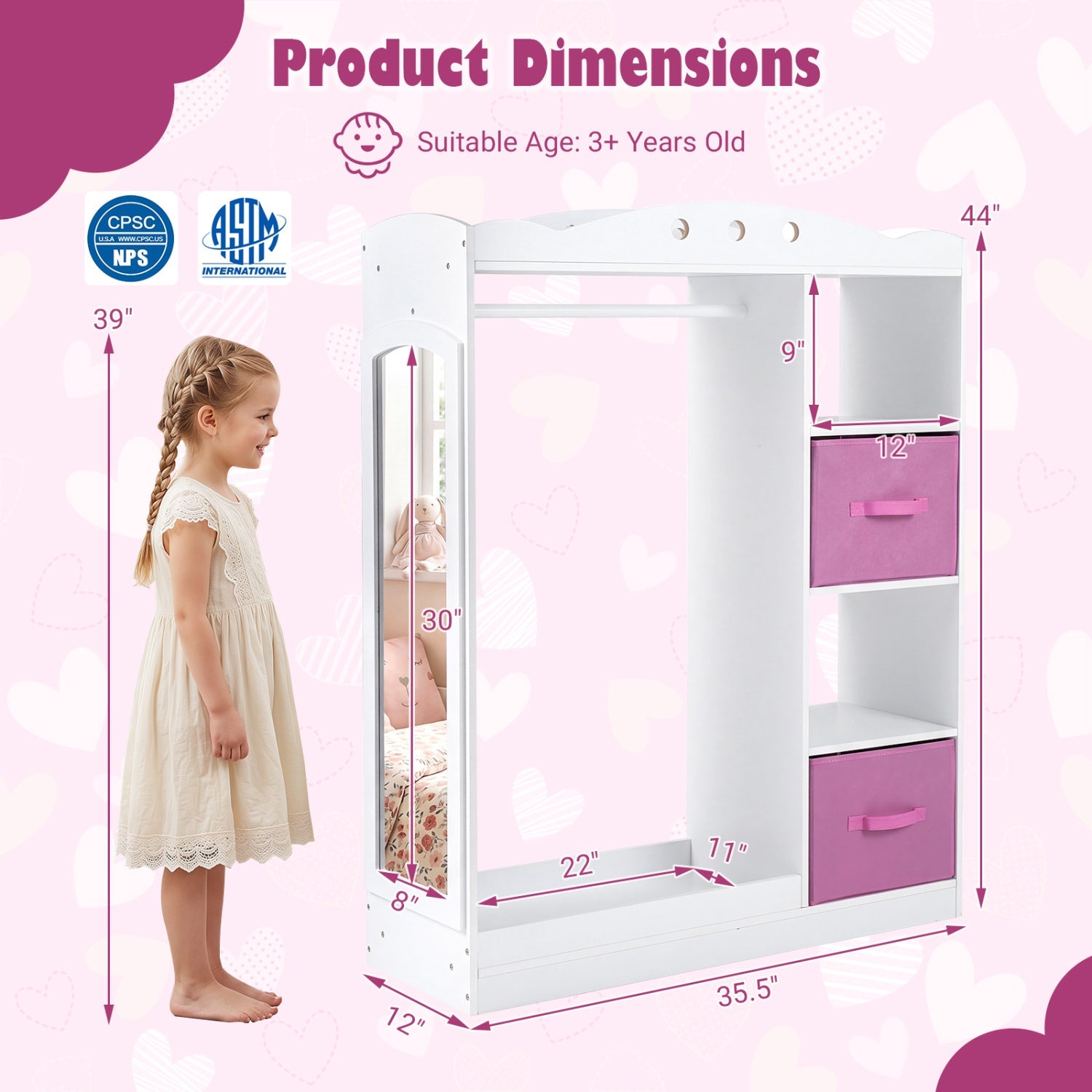 Kids Dress Up Storage with Full Length Mirror - Pink