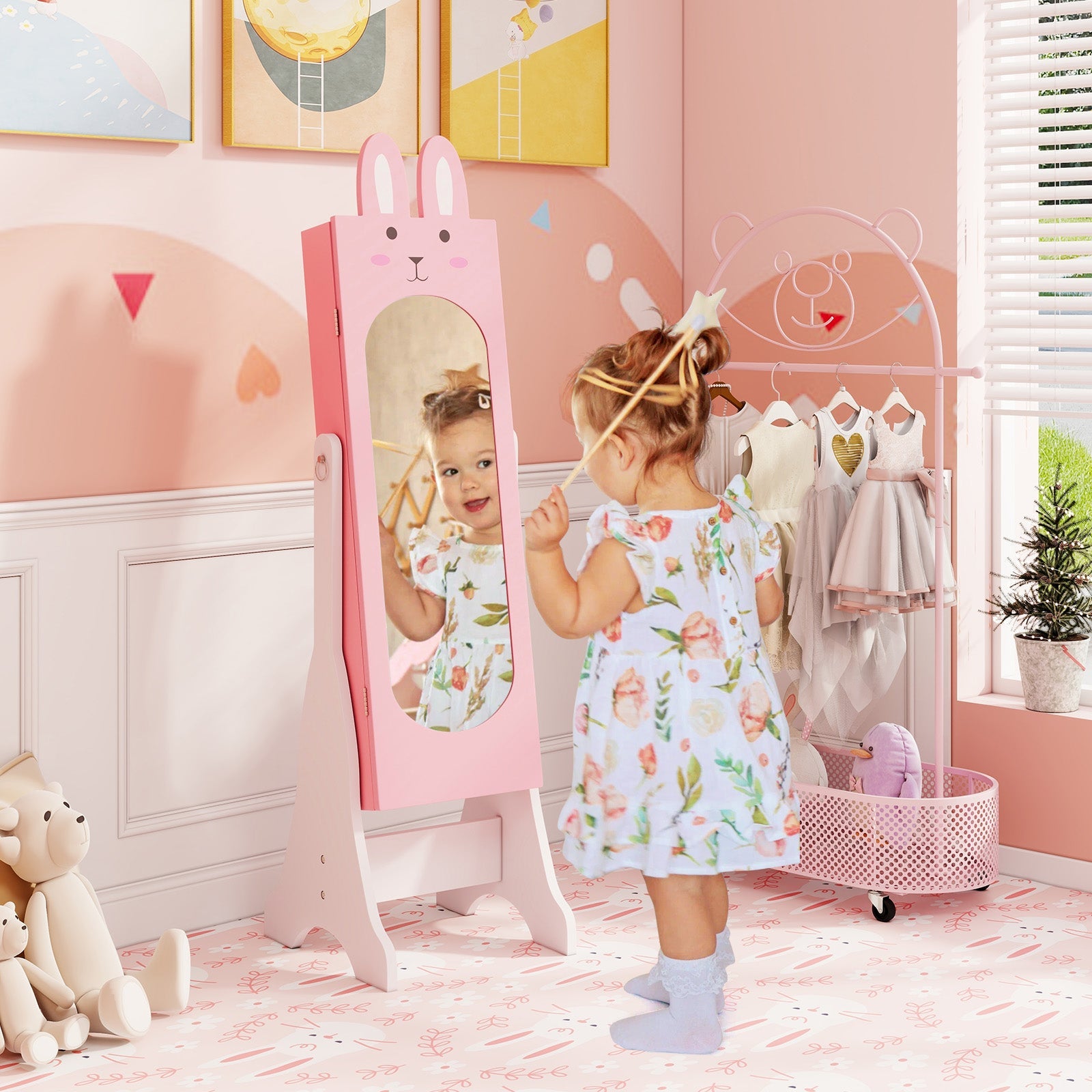 Kids Jewelry Armoire Cabinet with 2 Tilt Angles and Large Capacity-Pink