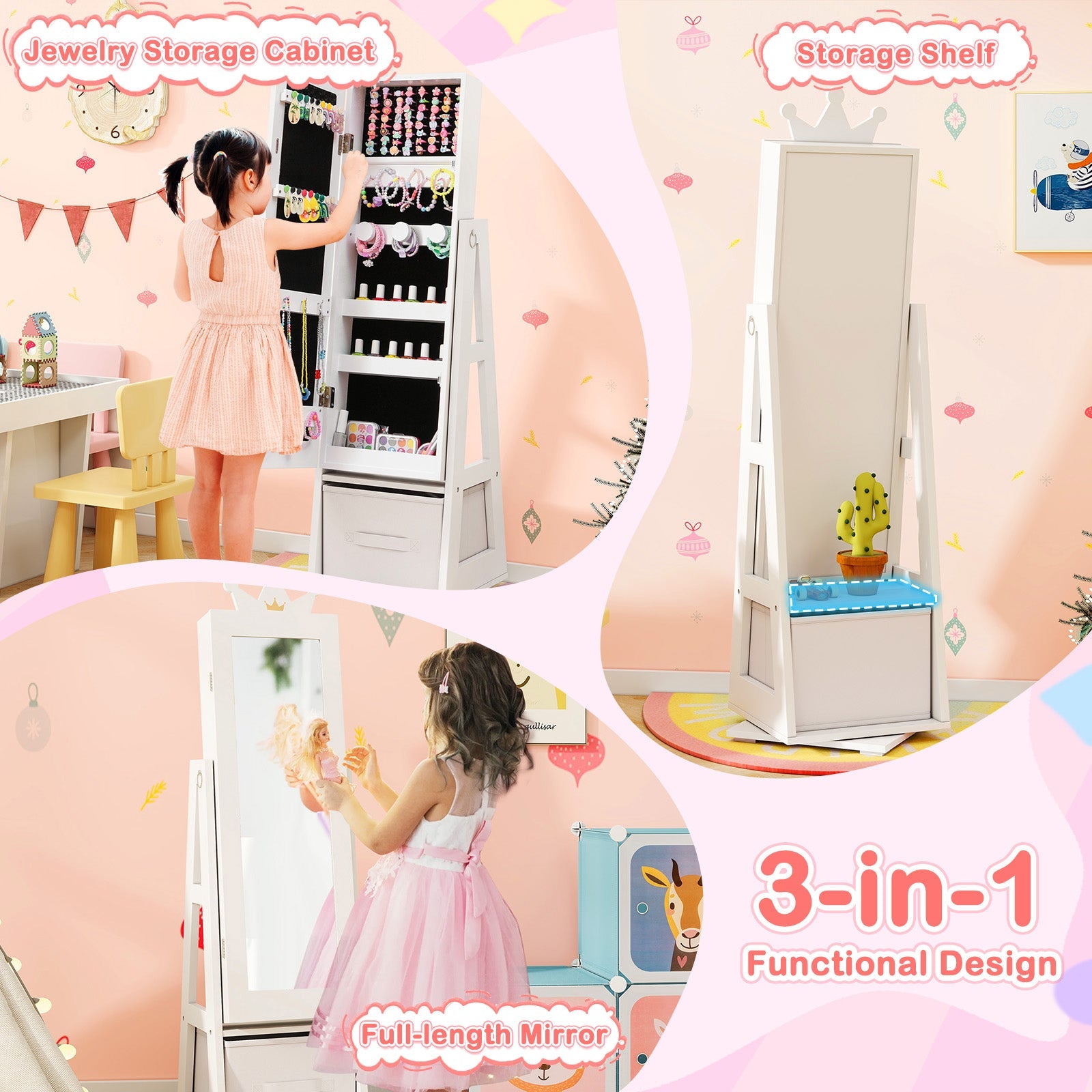 Kids Jewelry Armoire Cabinet with Large Storage Capacity and Swivel Base-White