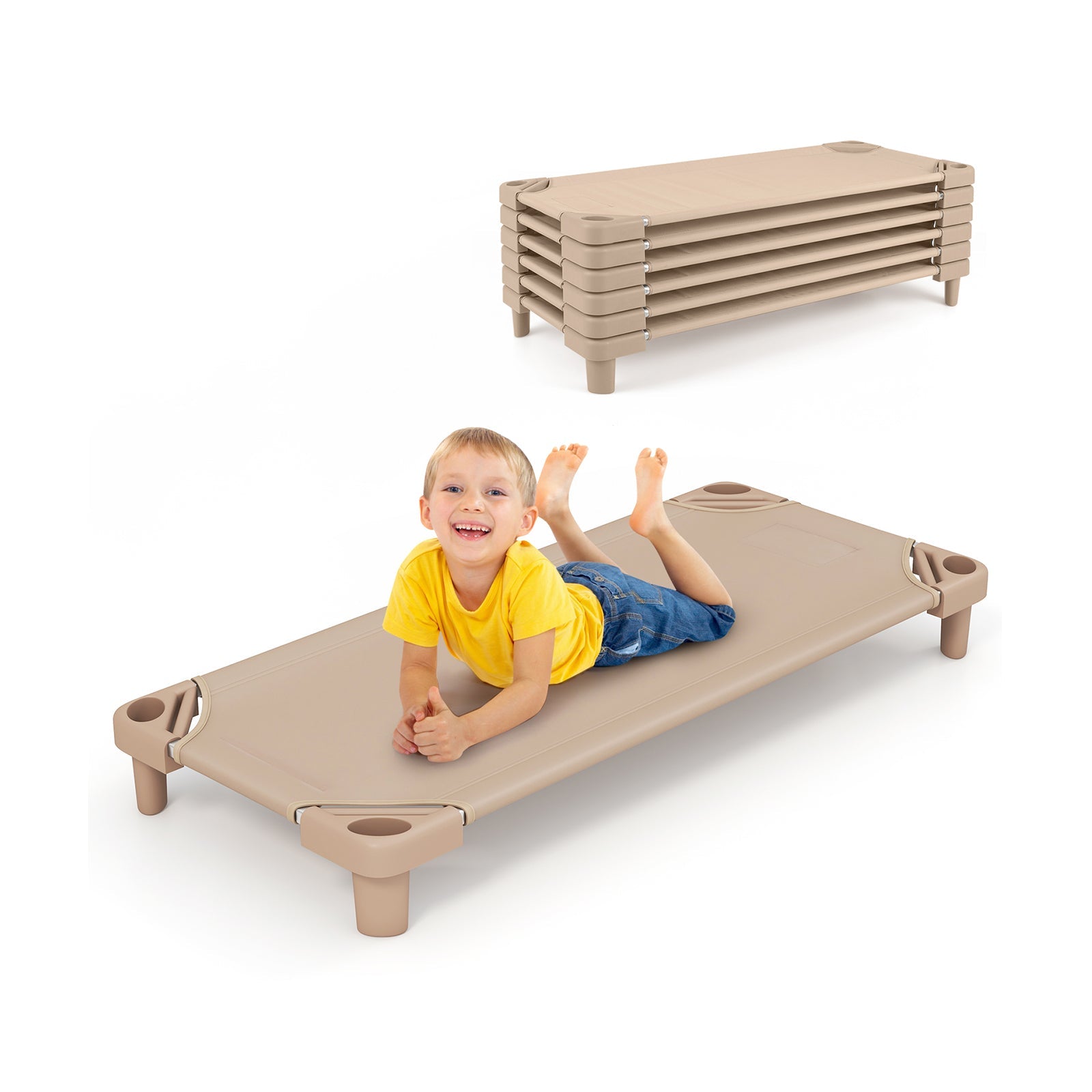 Kids Stackable Daycare Cot Pack of 6 with Detachable Oxford Cloth-Beige