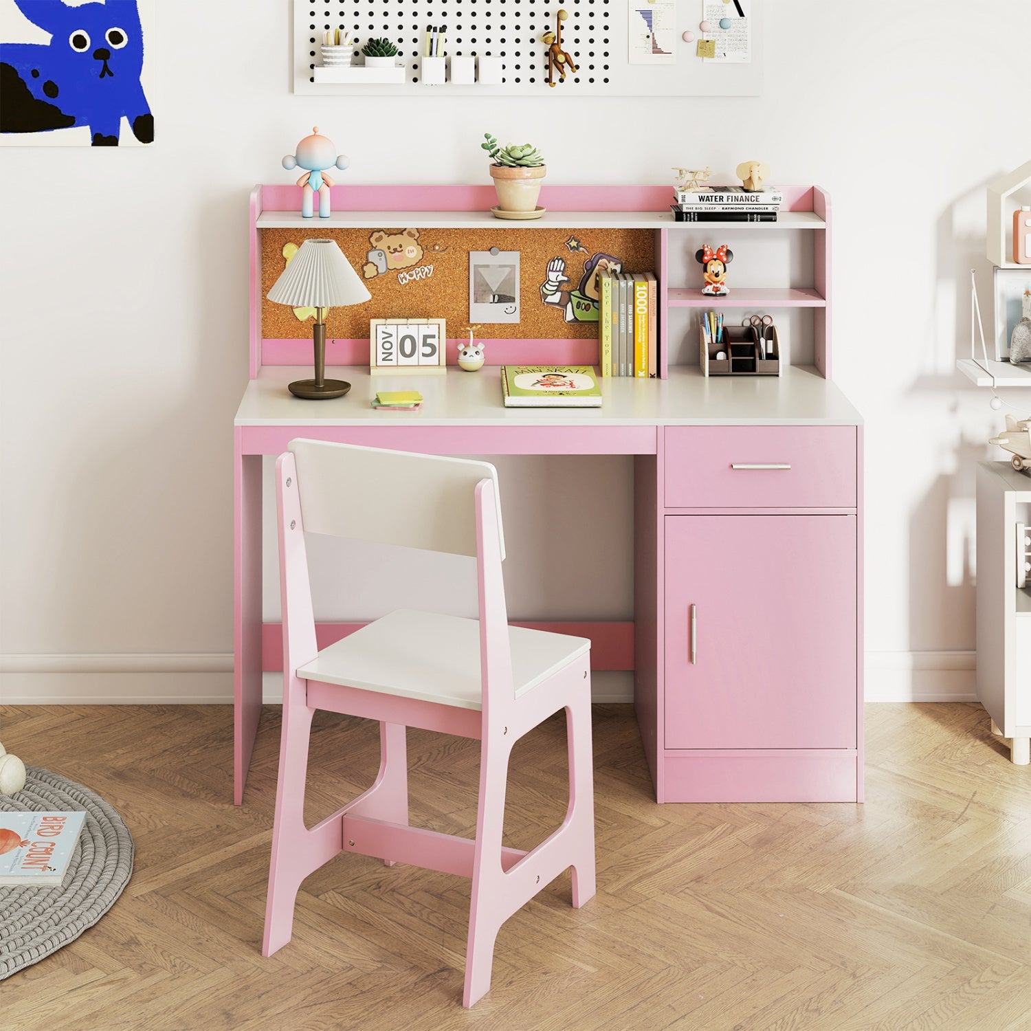Kids Study Desk and Chair Set with Storage and Bulletin Board
