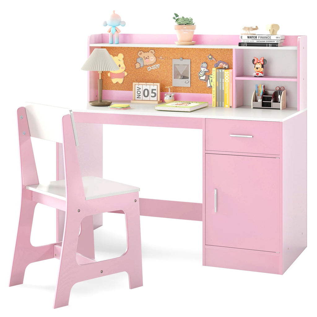 Kids Study Desk and Chair Set with Storage and Bulletin Board
