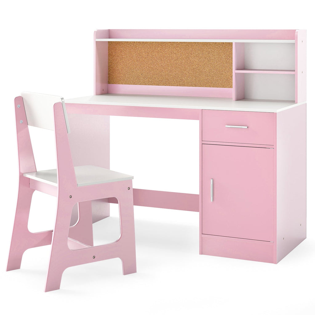 Kids Study Desk and Chair Set with Storage and Bulletin Board