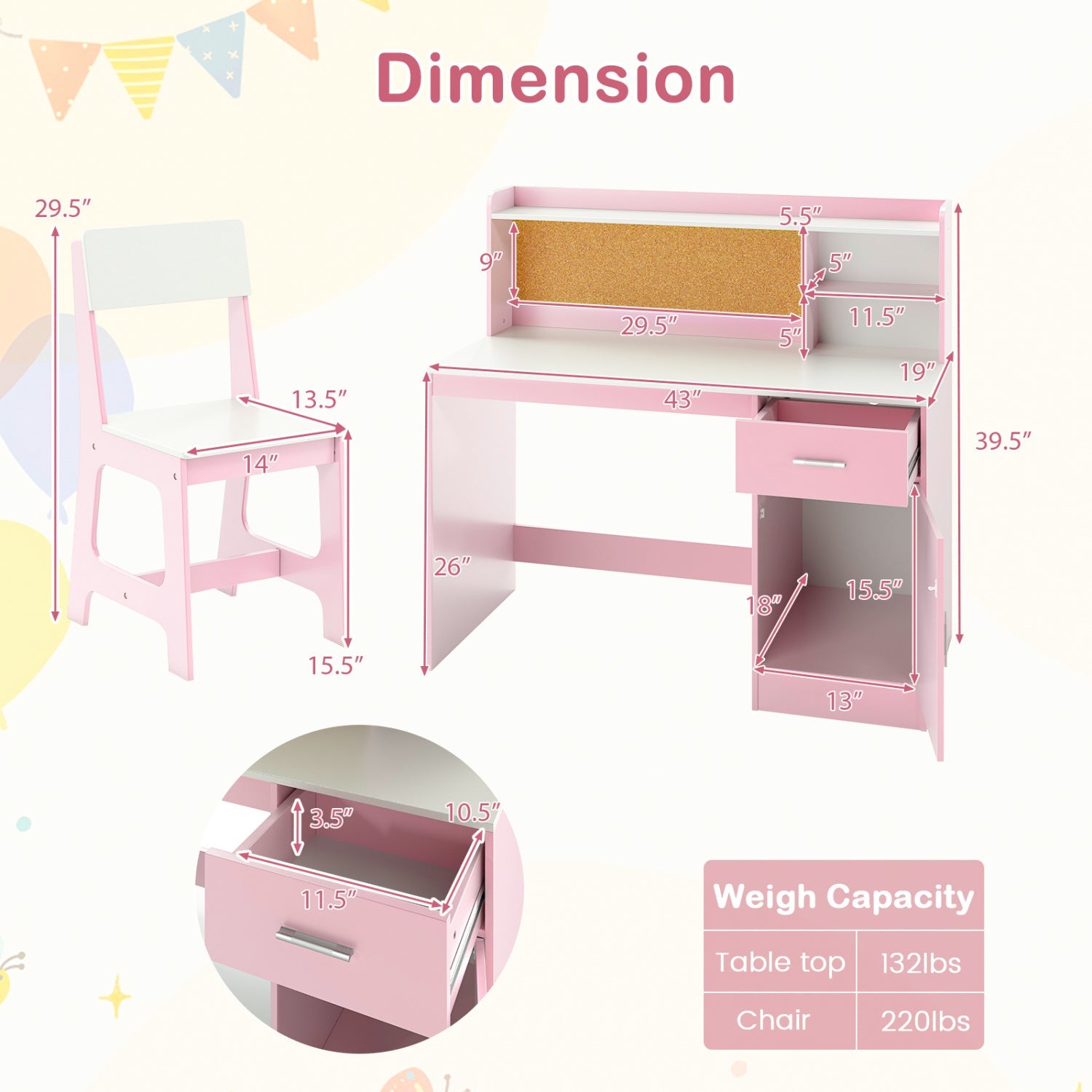 Kids Study Desk and Chair Set with Storage and Bulletin Board