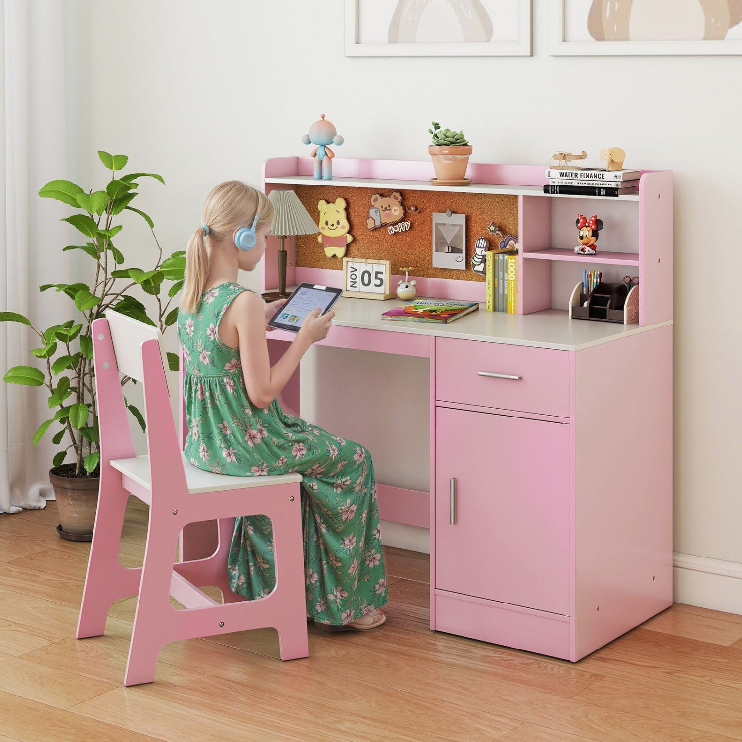 Kids Study Desk and Chair Set with Storage and Bulletin Board