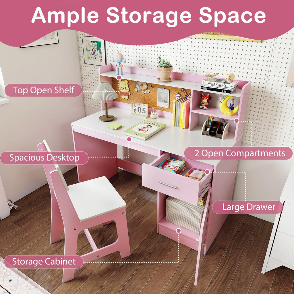 Kids Study Desk and Chair Set with Storage and Bulletin Board