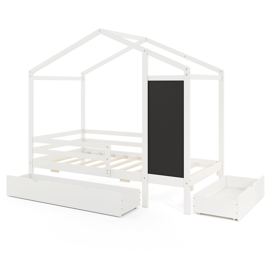 Kids Twin Size Bed with 2 Drawers Solid Wood Bed with Blackboard-White
