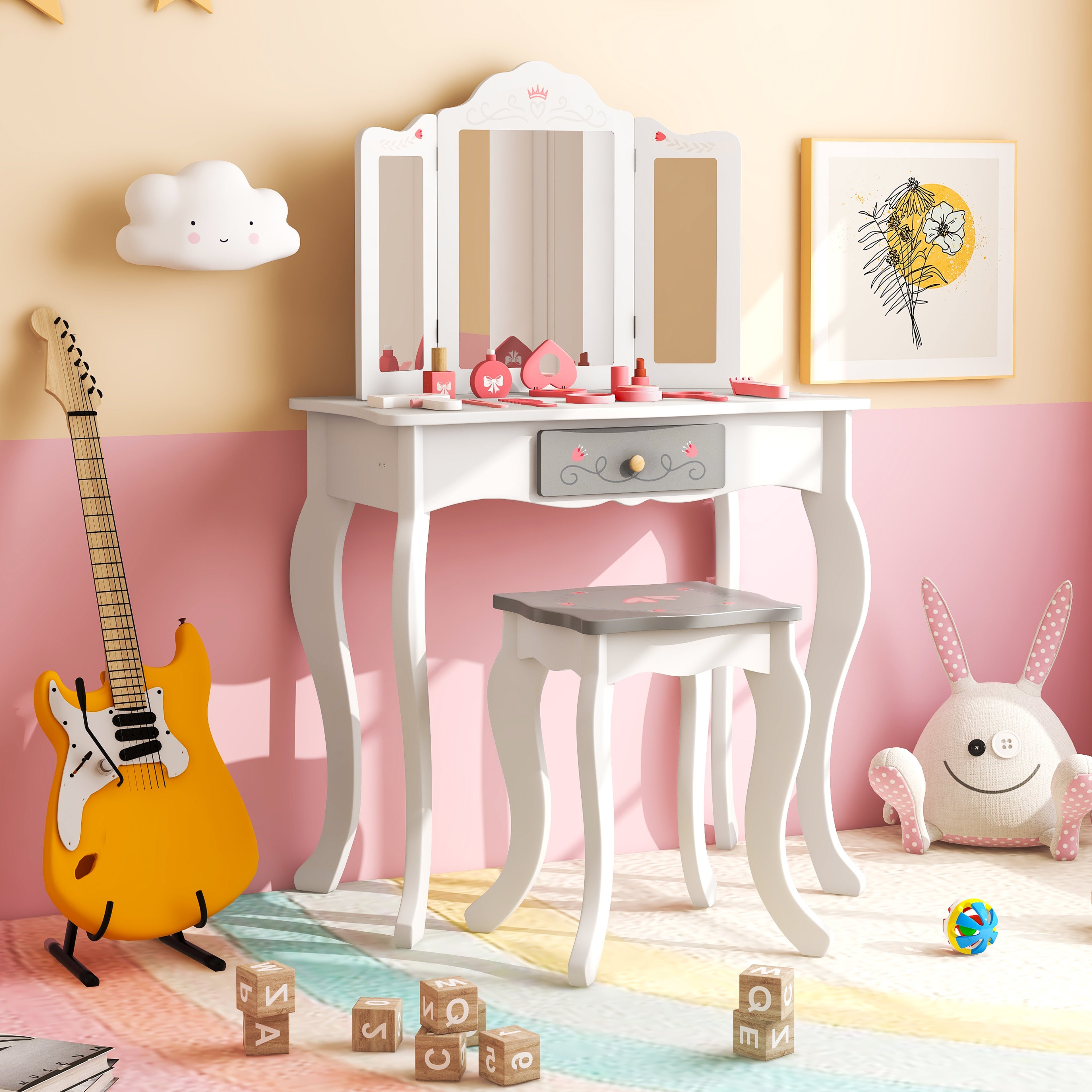 Kids Vanity Set with Tri-folding Mirror-White