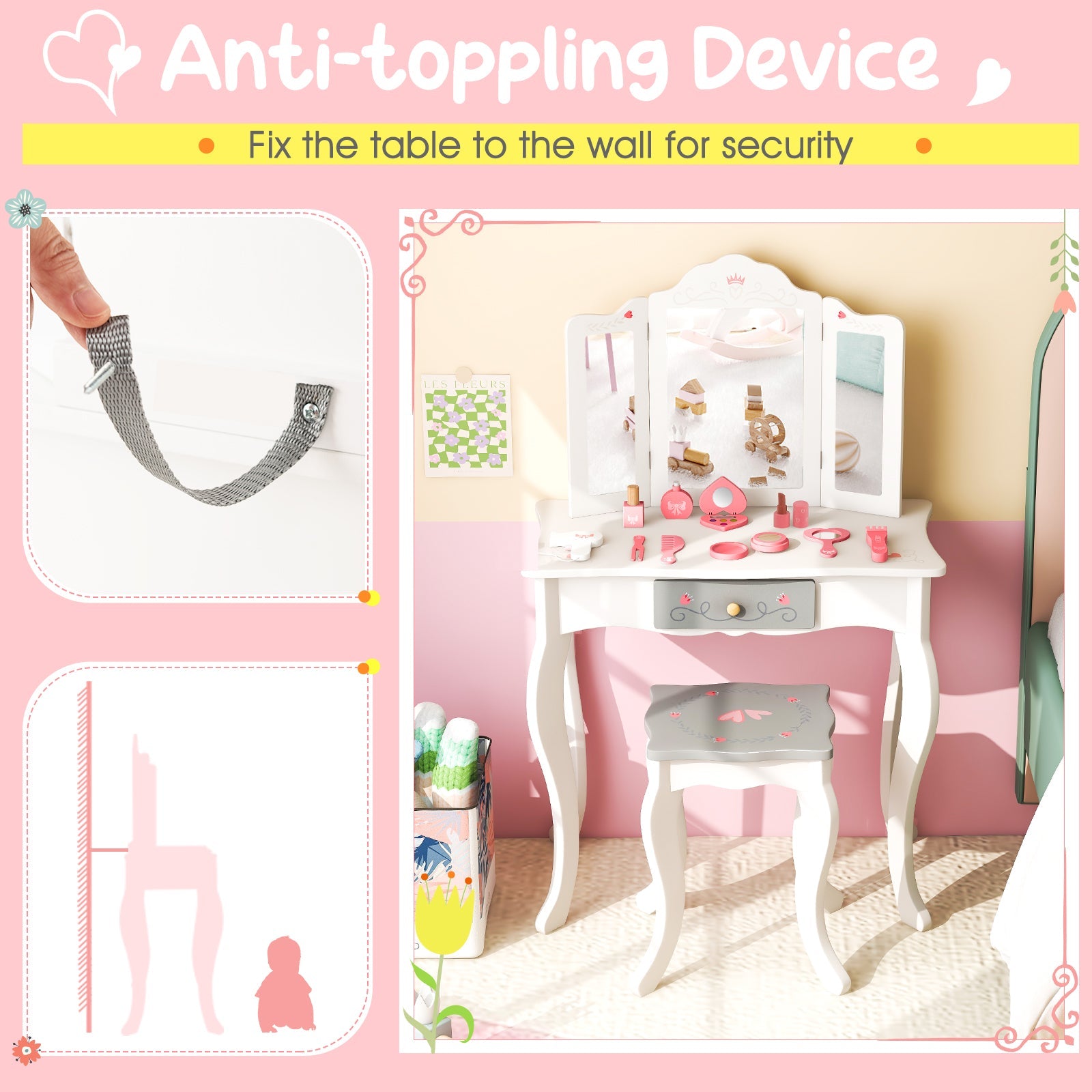 Kids Vanity Set with Tri-folding Mirror-White