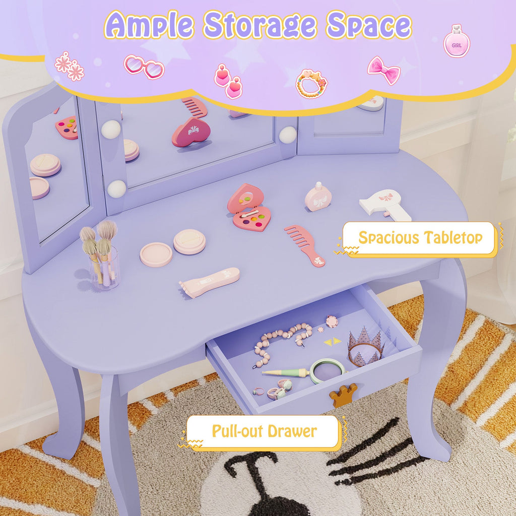 Kids Vanity Set with Tri-fold Lighted Mirror Detachable Top and Stool-Purple