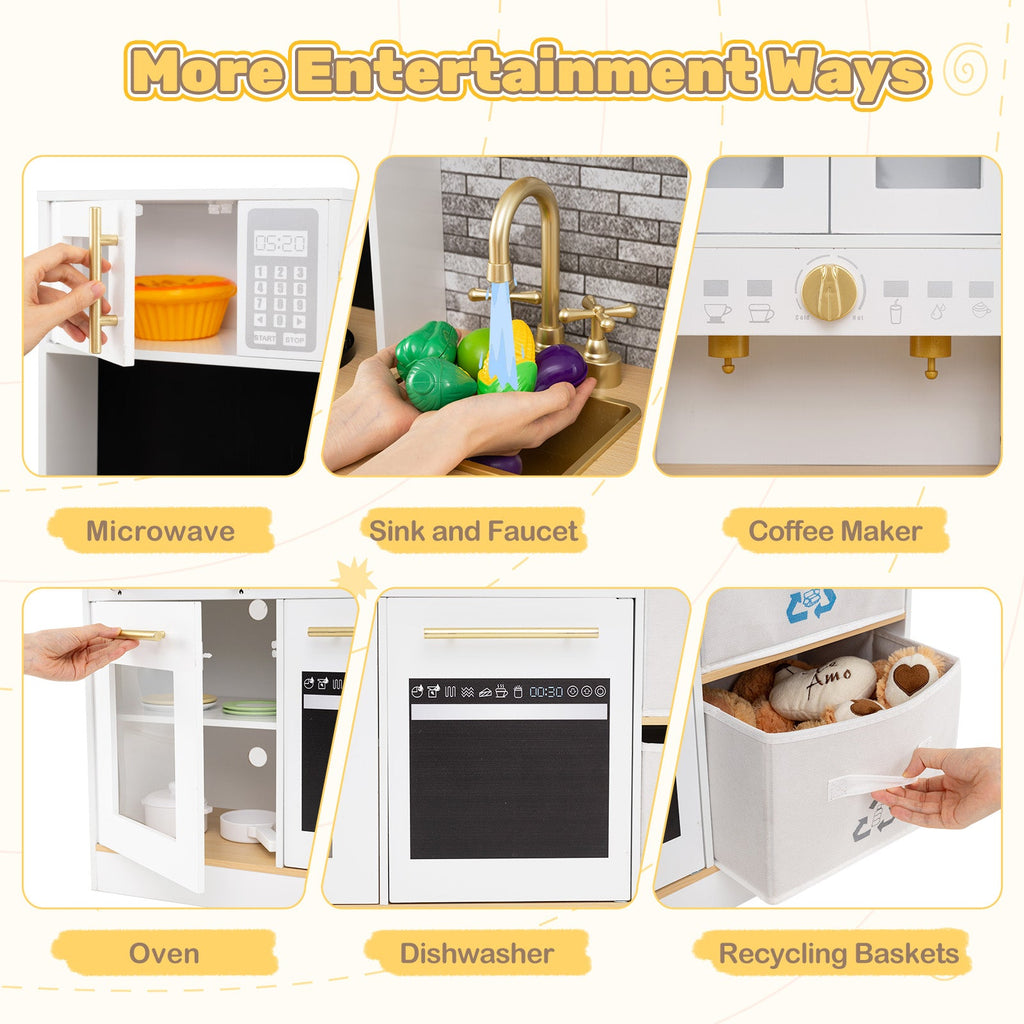 Kids Wooden Kitchen Playset with Stoves Sound Light for 3+ Years Old-White