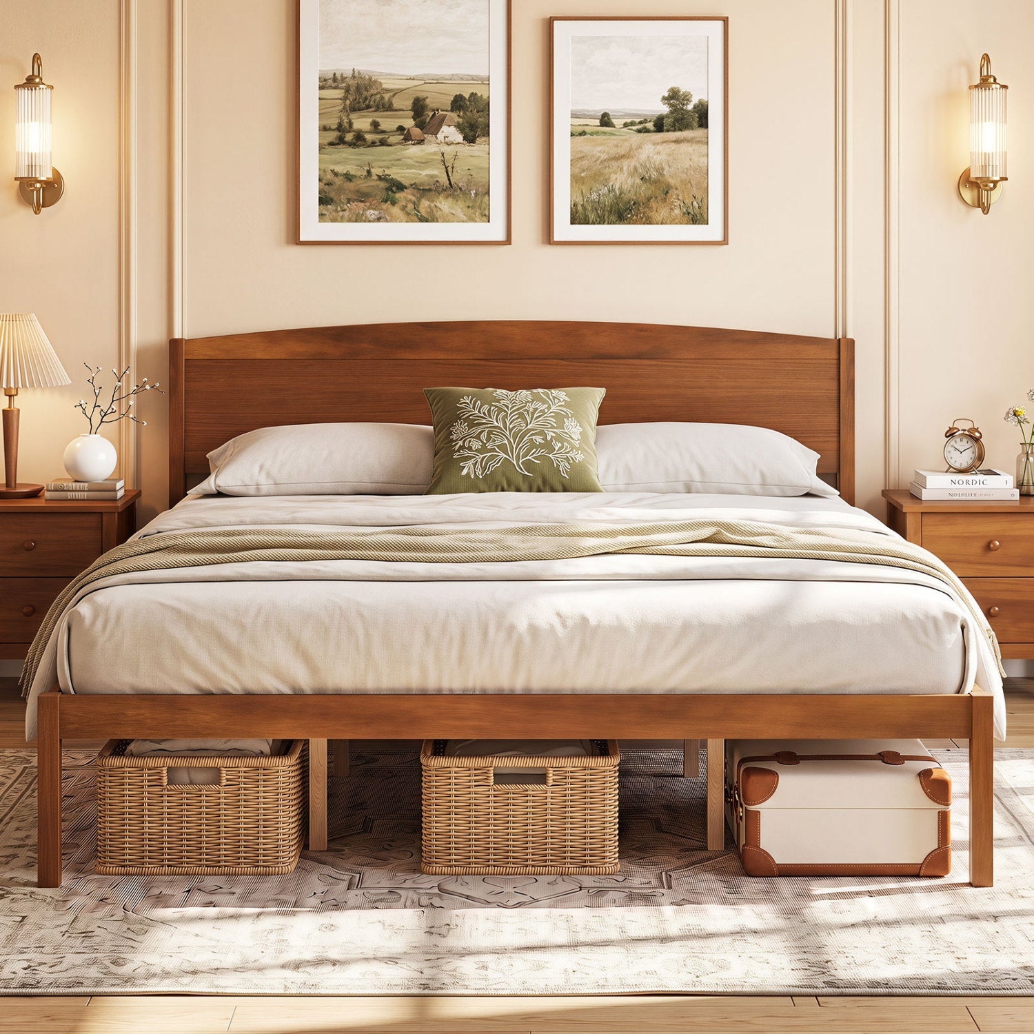 King Size Wooden Platform Bed Frame with Curved Headboard