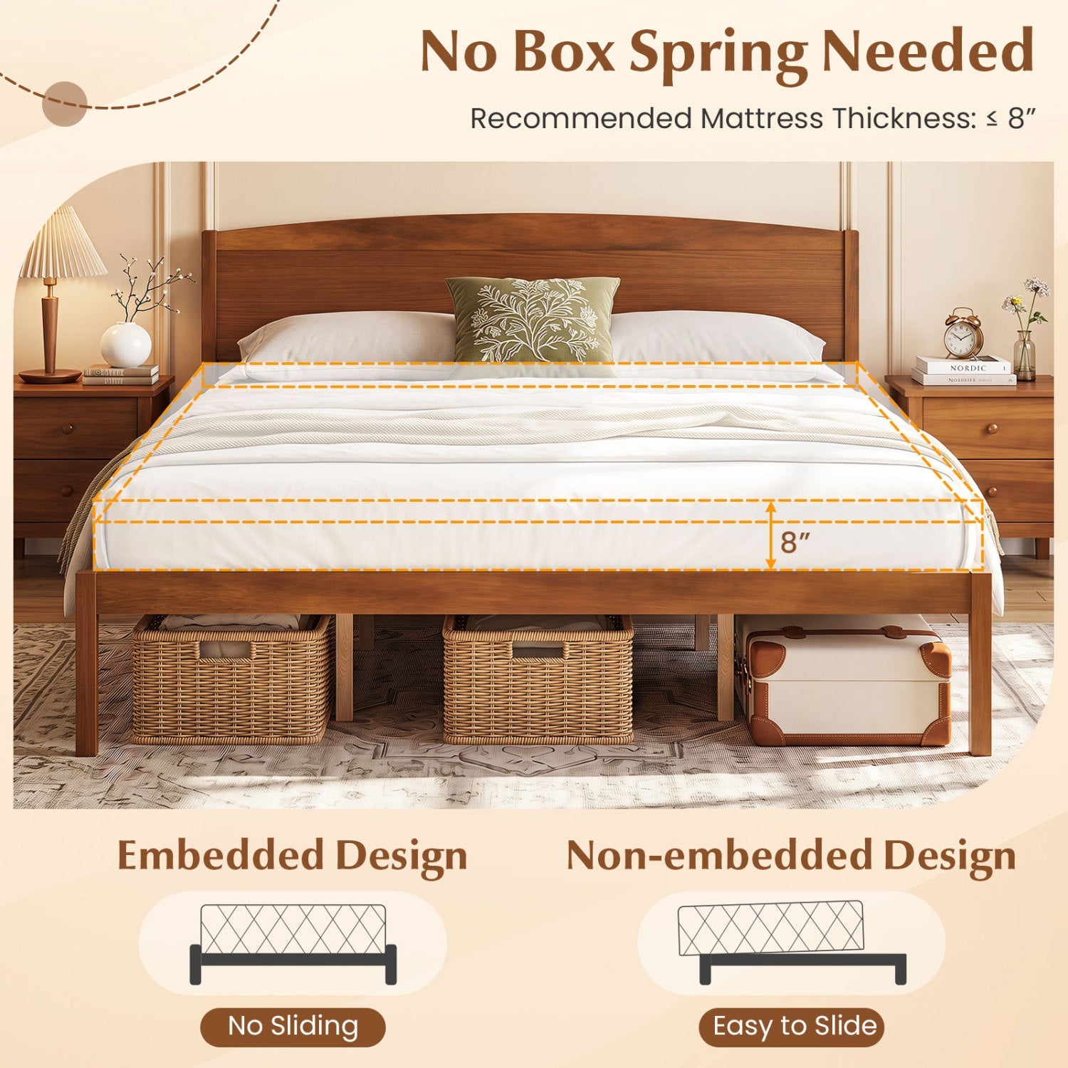King Size Wooden Platform Bed Frame with Curved Headboard