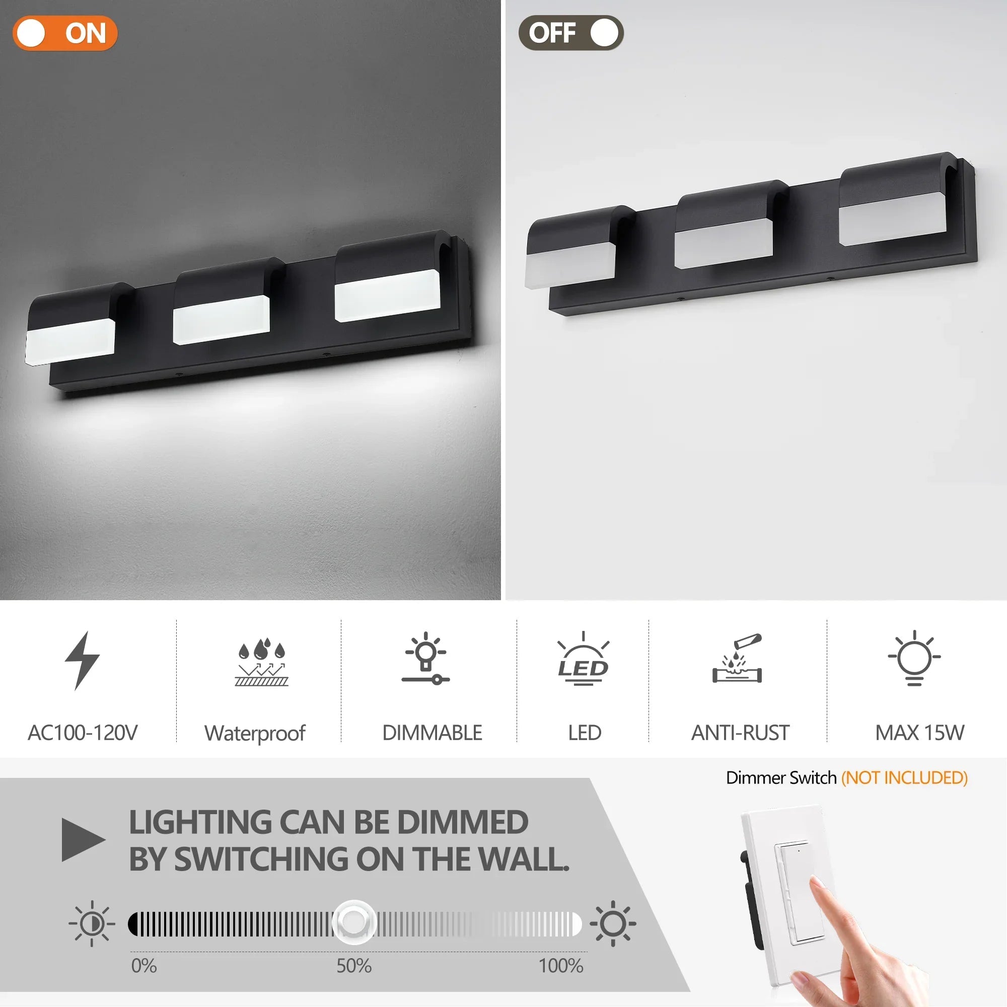 LED Vanity Light Fixture | 3/4/5/6-Light Dimmable Bathroom Wall Sconce with Acrylic Shade — Matte Black, 6000K Daylight