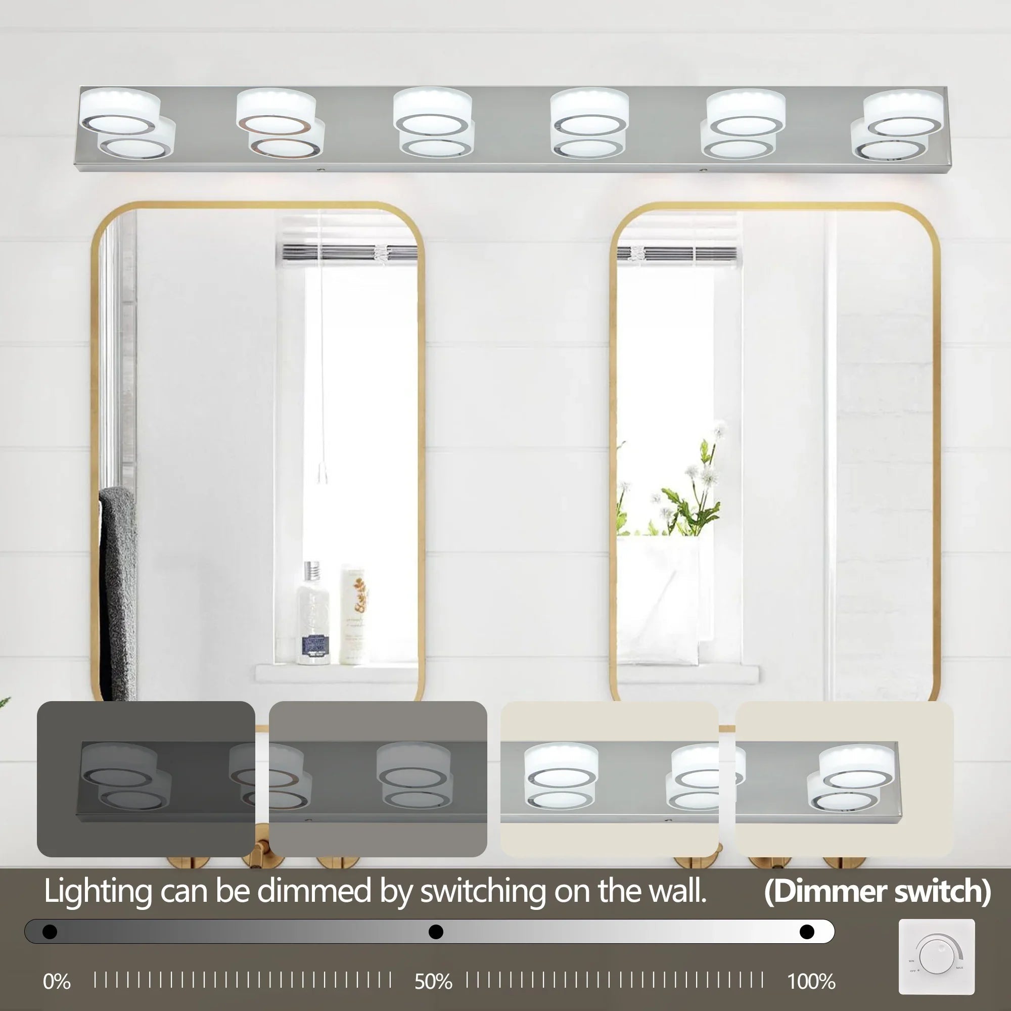 LED Vanity Light Fixture | 3/4/5/6/7-Light Chrome Bathroom Wall Sconce with 360° Rotatable Heads & Frosted Acrylic Shade — Dimmable, 36W