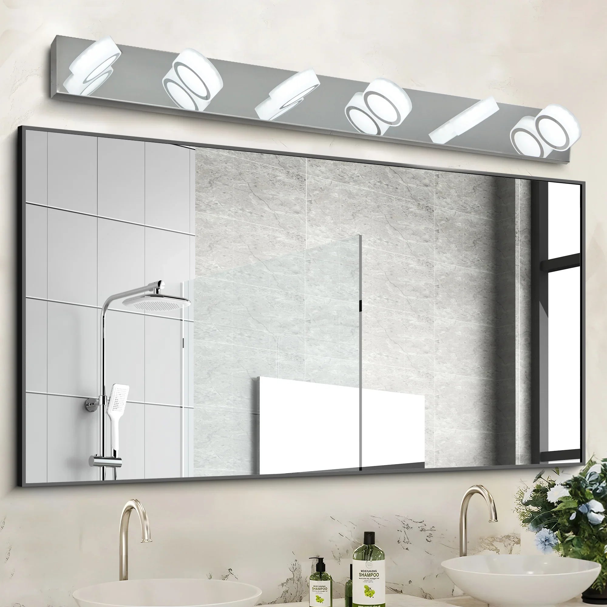 LED Vanity Light Fixture | 3/4/5/6/7-Light Chrome Bathroom Wall Sconce with 360° Rotatable Heads & Frosted Acrylic Shade — Dimmable, 36W