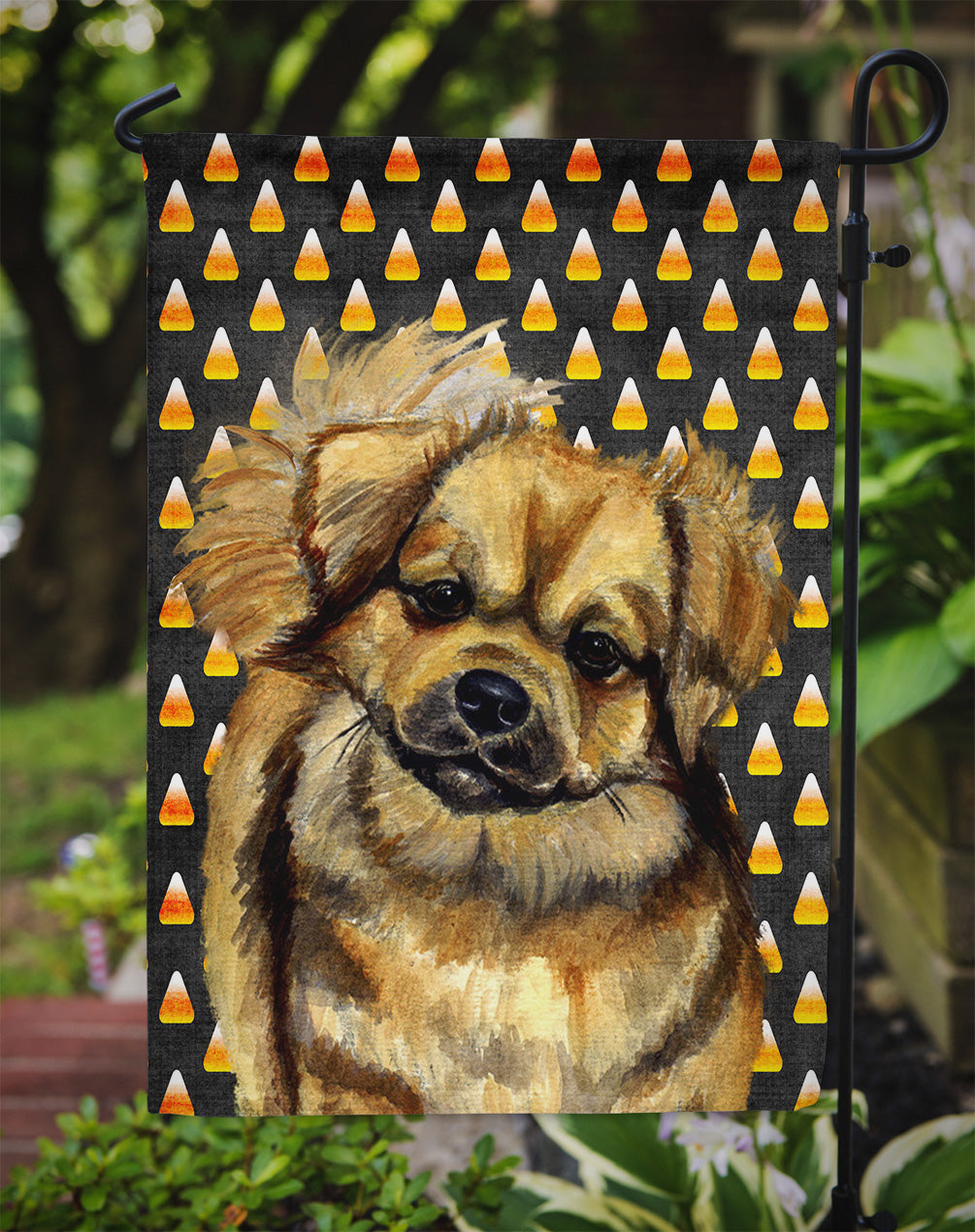 Tibetan Spaniel Candy Corn Halloween Portrait Garden Flag Mailbox Decorative Yard Banner Outside Patio Artwork for Flower Beds, Garden Size, Multicolor