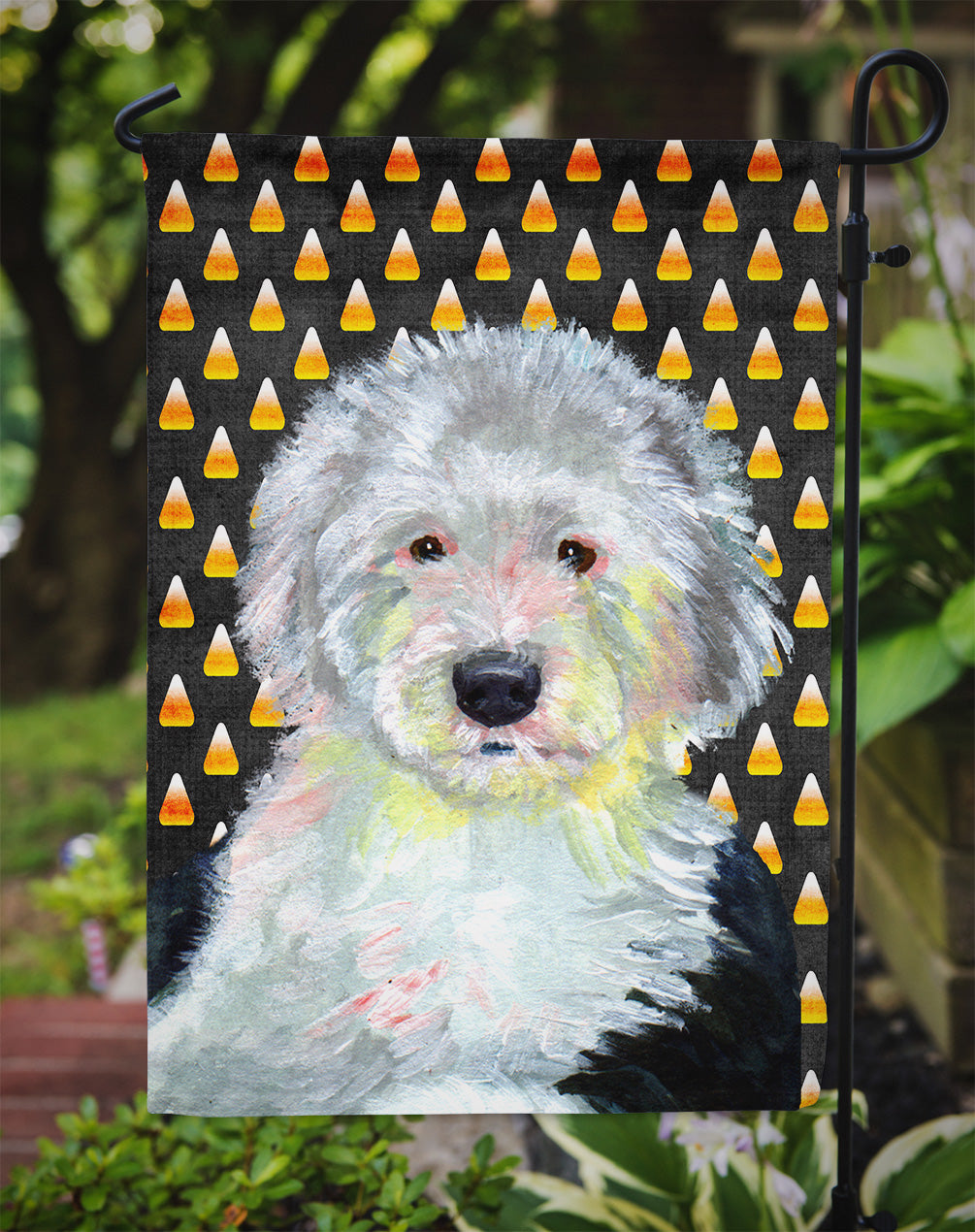 Old English Sheepdog Candy Corn Halloween Portrait Garden Flag Mailbox Decorative Yard Banner Outside Patio Artwork for Flower Beds, Garden Size, Multicolor