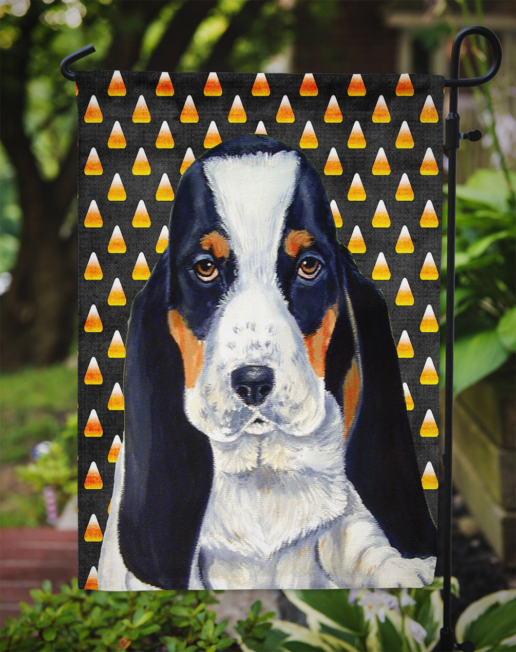 Basset Hound Candy Corn Halloween Portrait Garden Flag Mailbox Decorative Yard Banner Outside Patio Artwork for Flower Beds, Garden Size, Multicolor