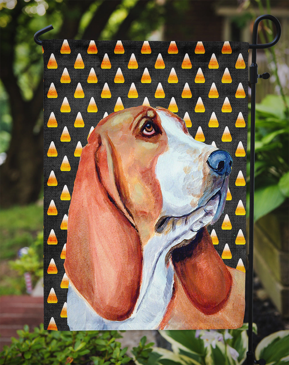 Basset Hound Candy Corn Halloween Portrait Garden Flag Mailbox Decorative Yard Banner Outside Patio Artwork for Flower Beds, Garden Size, Multicolor