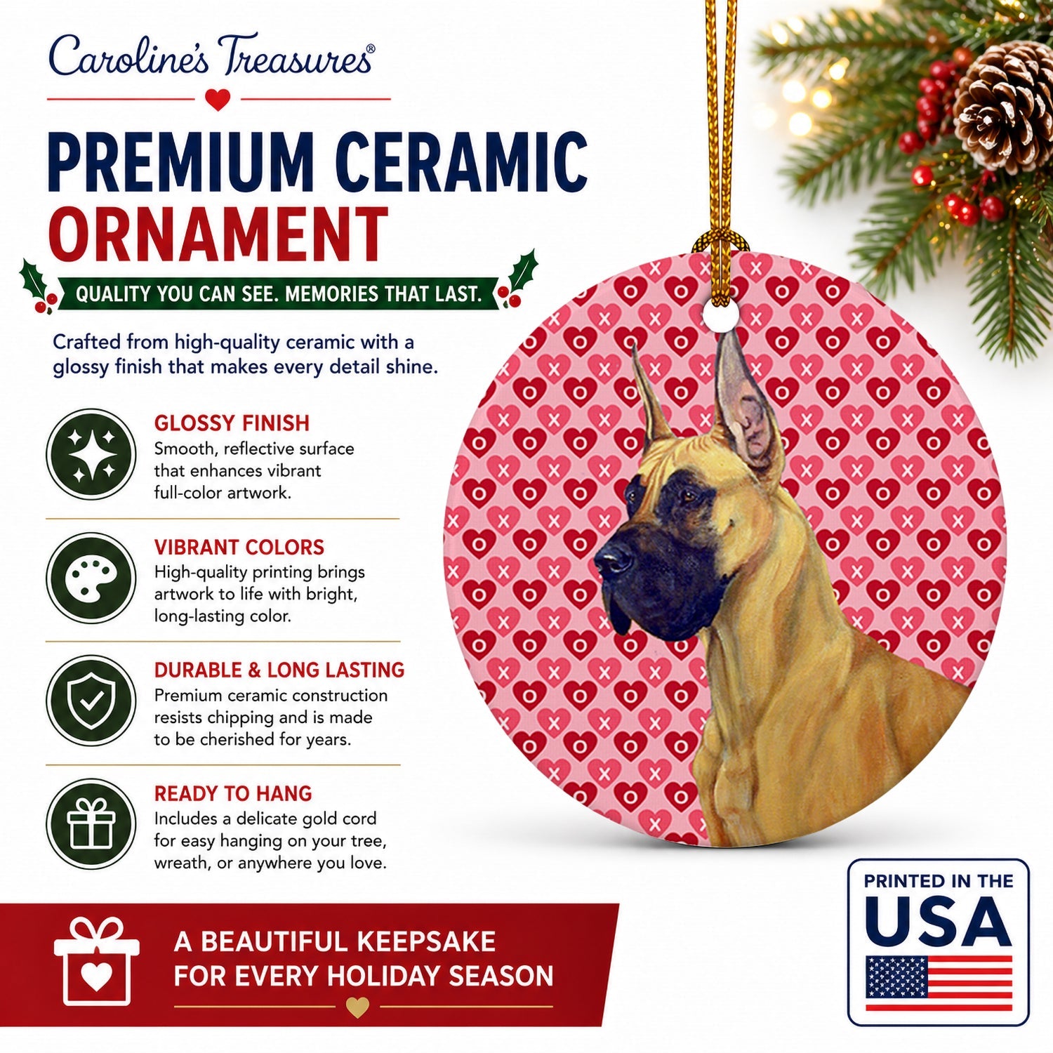 Great Dane Hearts Love and Valentine's Day Portrait Ceramic Ornament Christmas Tree Hanging Decorations for Home Christmas Holiday, Party, Gift, 3 in, Multicolor