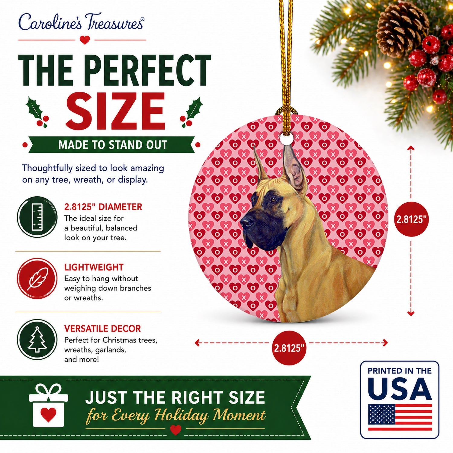 Great Dane Hearts Love and Valentine's Day Portrait Ceramic Ornament Christmas Tree Hanging Decorations for Home Christmas Holiday, Party, Gift, 3 in, Multicolor