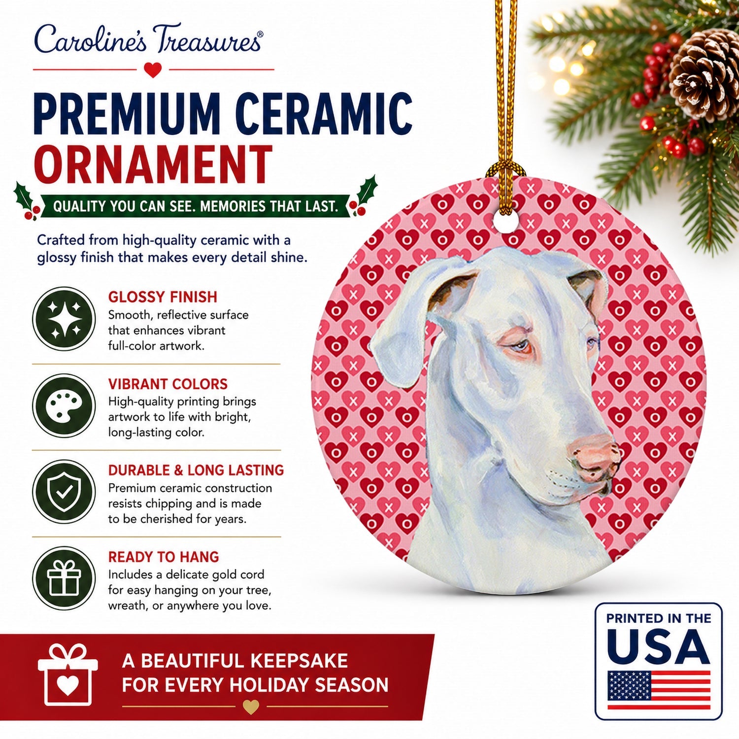 Great Dane Hearts Love and Valentine's Day Portrait Ceramic Ornament Christmas Tree Hanging Decorations for Home Christmas Holiday, Party, Gift, 3 in, Multicolor