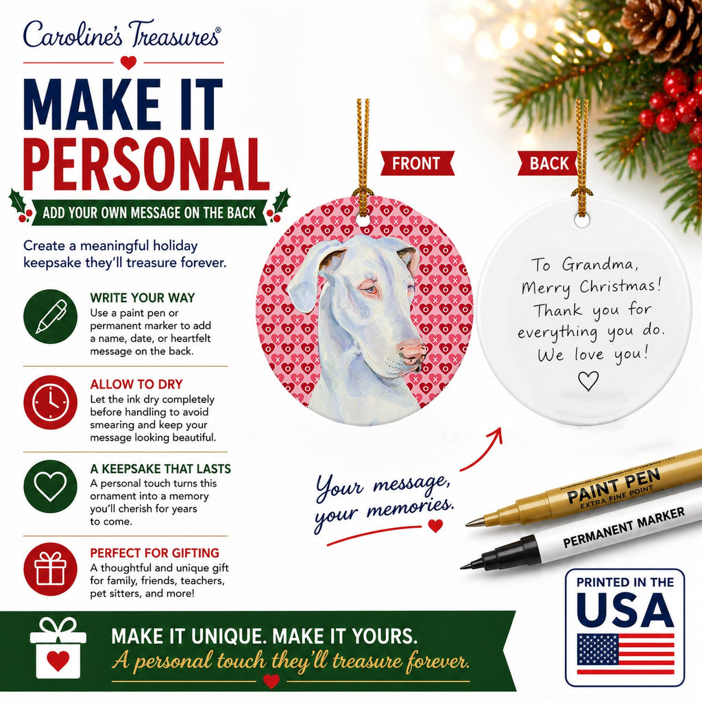 Great Dane Hearts Love and Valentine's Day Portrait Ceramic Ornament Christmas Tree Hanging Decorations for Home Christmas Holiday, Party, Gift, 3 in, Multicolor