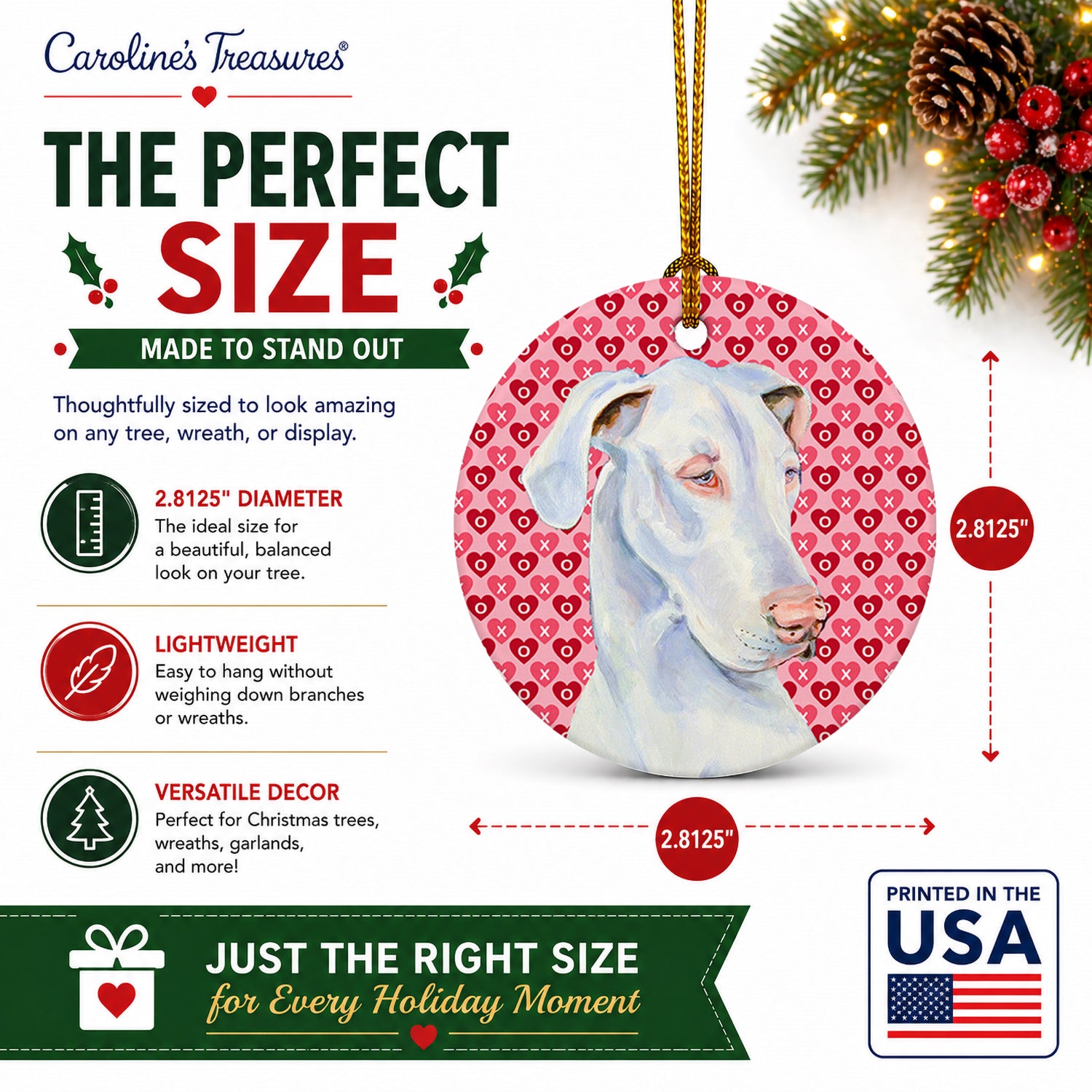 Great Dane Hearts Love and Valentine's Day Portrait Ceramic Ornament Christmas Tree Hanging Decorations for Home Christmas Holiday, Party, Gift, 3 in, Multicolor