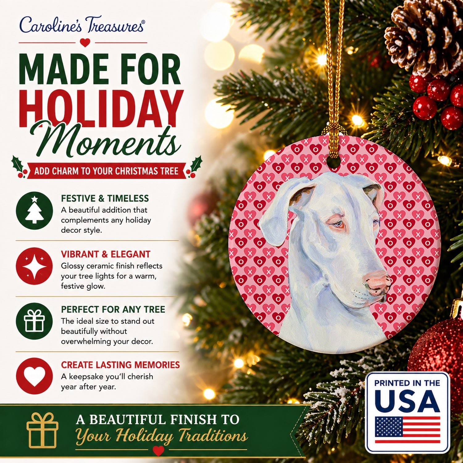 Great Dane Hearts Love and Valentine's Day Portrait Ceramic Ornament Christmas Tree Hanging Decorations for Home Christmas Holiday, Party, Gift, 3 in, Multicolor