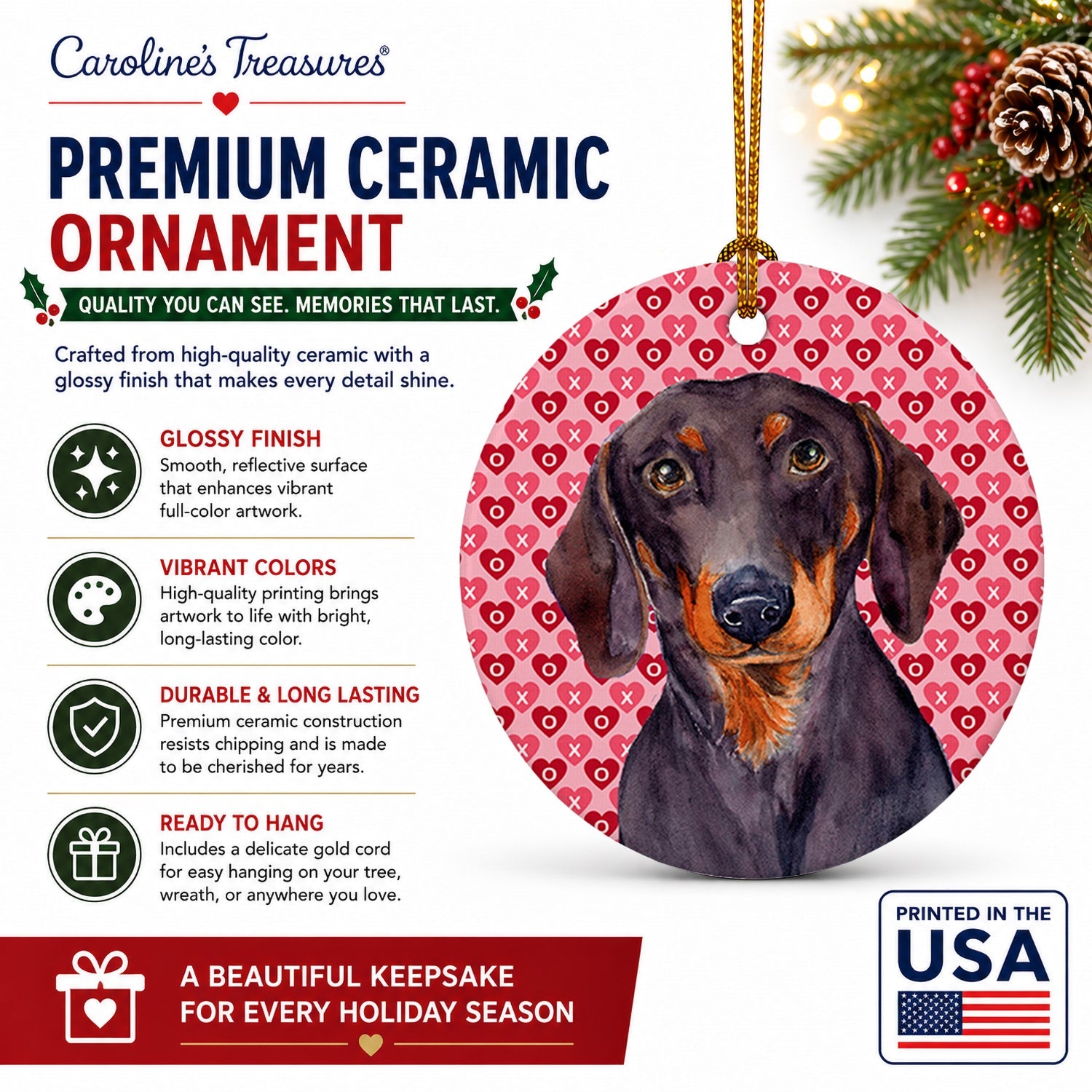 Dachshund Hearts Love and Valentine's Day Portrait Ceramic Ornament Christmas Tree Hanging Decorations for Home Christmas Holiday, Party, Gift, 3 in, Multicolor