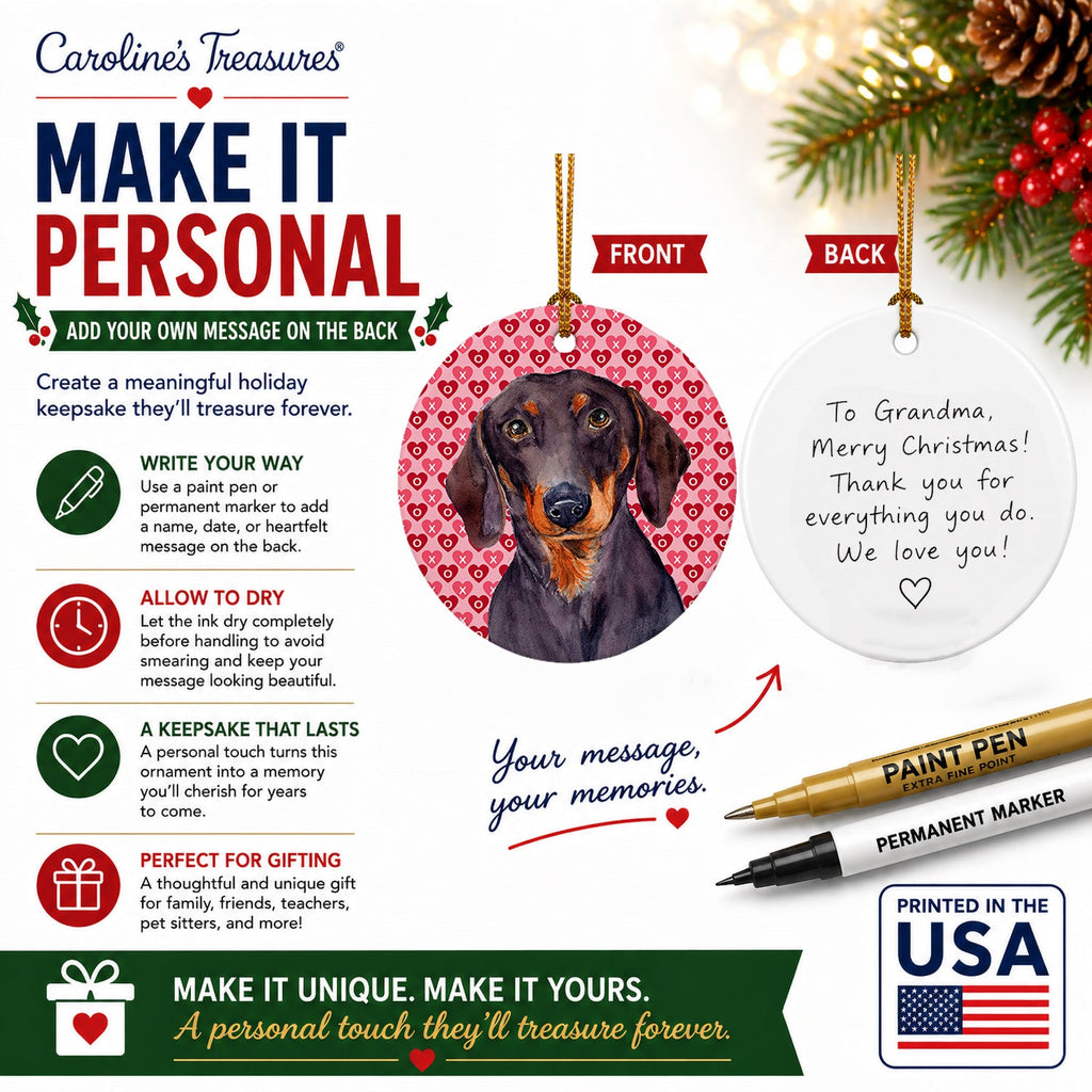 Dachshund Hearts Love and Valentine's Day Portrait Ceramic Ornament Christmas Tree Hanging Decorations for Home Christmas Holiday, Party, Gift, 3 in, Multicolor