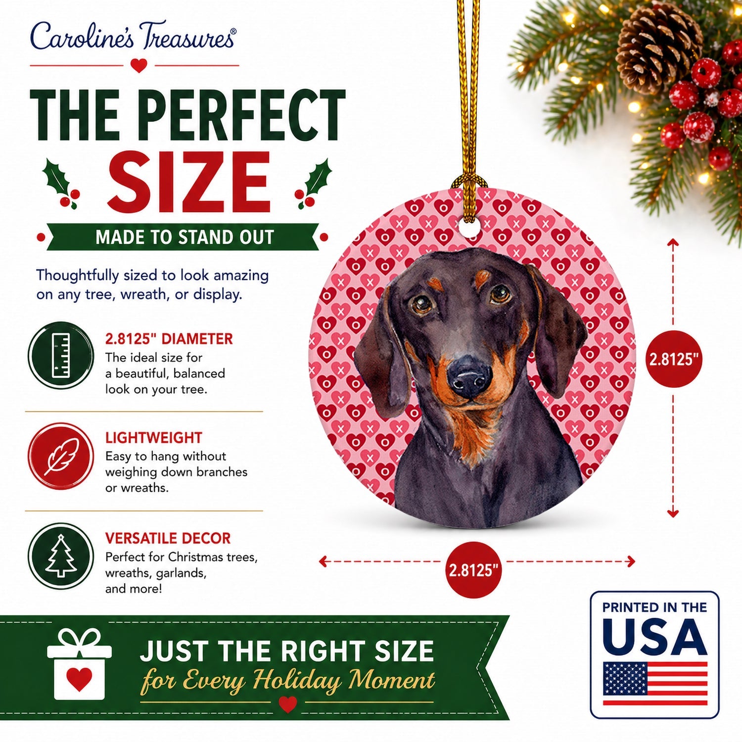 Dachshund Hearts Love and Valentine's Day Portrait Ceramic Ornament Christmas Tree Hanging Decorations for Home Christmas Holiday, Party, Gift, 3 in, Multicolor