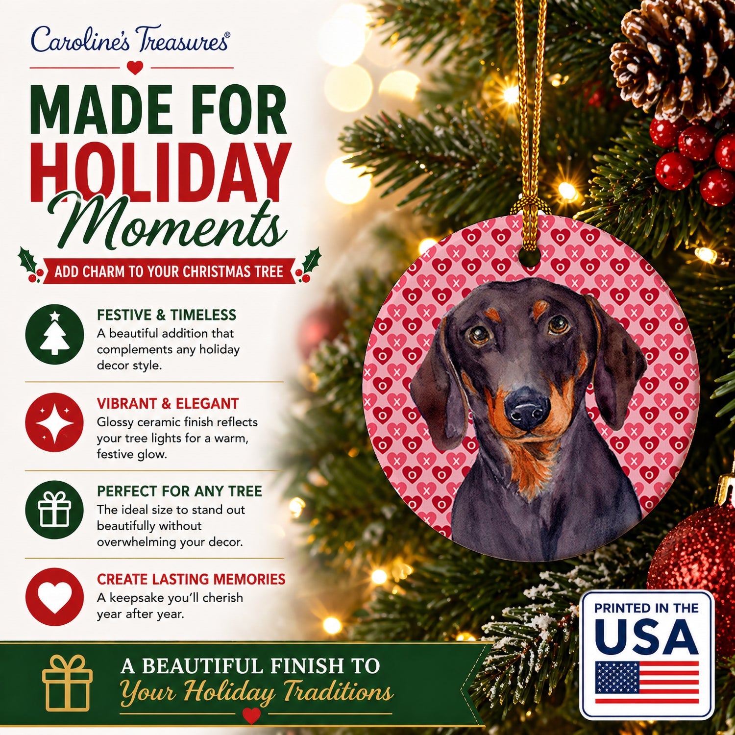 Dachshund Hearts Love and Valentine's Day Portrait Ceramic Ornament Christmas Tree Hanging Decorations for Home Christmas Holiday, Party, Gift, 3 in, Multicolor