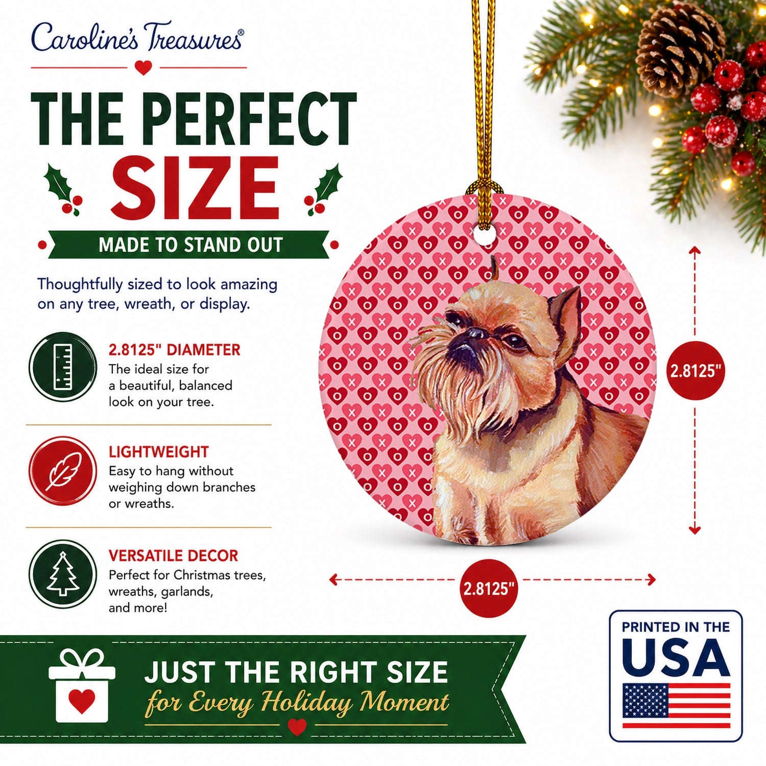 Brussels Griffon Hearts Love and Valentine's Day Portrait Ceramic Ornament Christmas Tree Hanging Decorations for Home Christmas Holiday, Party, Gift, 3 in, Multicolor