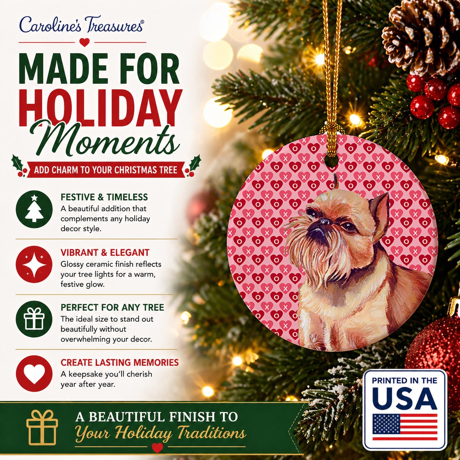 Brussels Griffon Hearts Love and Valentine's Day Portrait Ceramic Ornament Christmas Tree Hanging Decorations for Home Christmas Holiday, Party, Gift, 3 in, Multicolor