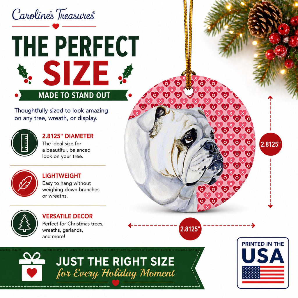 Bulldog English Hearts Love Valentine's Day Ceramic Ornament Christmas Tree Hanging Decorations for Home Christmas Holiday, Party, Gift, 3 in, Multicolor