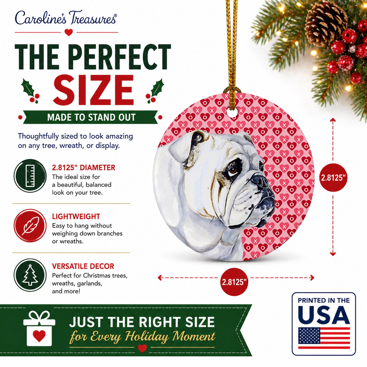 Bulldog English Hearts Love Valentine's Day Ceramic Ornament Christmas Tree Hanging Decorations for Home Christmas Holiday, Party, Gift, 3 in, Multicolor