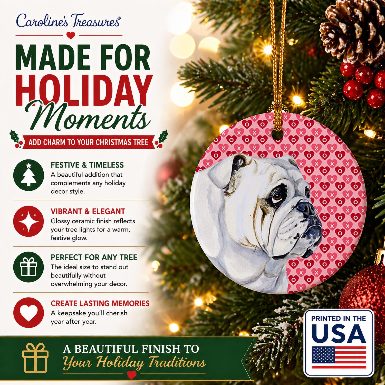 Bulldog English Hearts Love Valentine's Day Ceramic Ornament Christmas Tree Hanging Decorations for Home Christmas Holiday, Party, Gift, 3 in, Multicolor