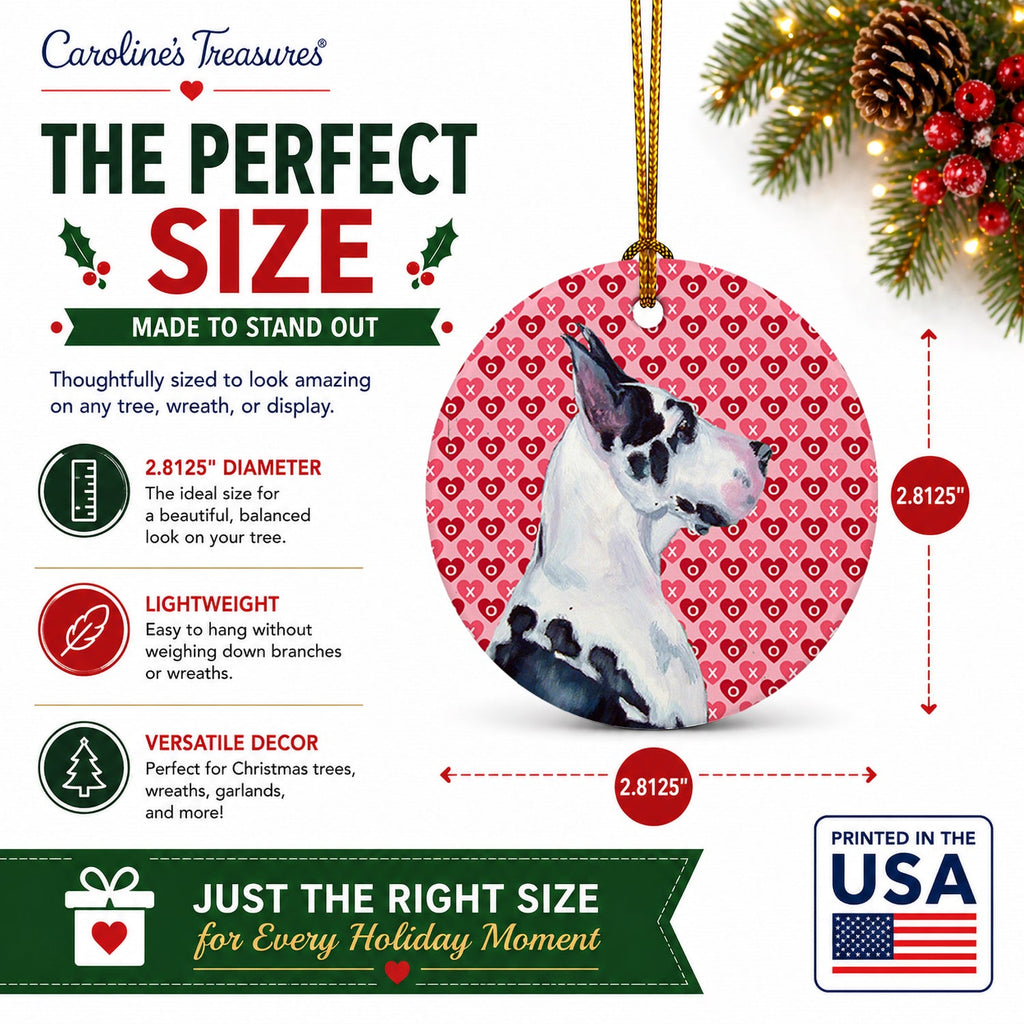 Great Dane Hearts Love and Valentine's Day Portrait Ceramic Ornament Christmas Tree Hanging Decorations for Home Christmas Holiday, Party, Gift, 3 in, Multicolor