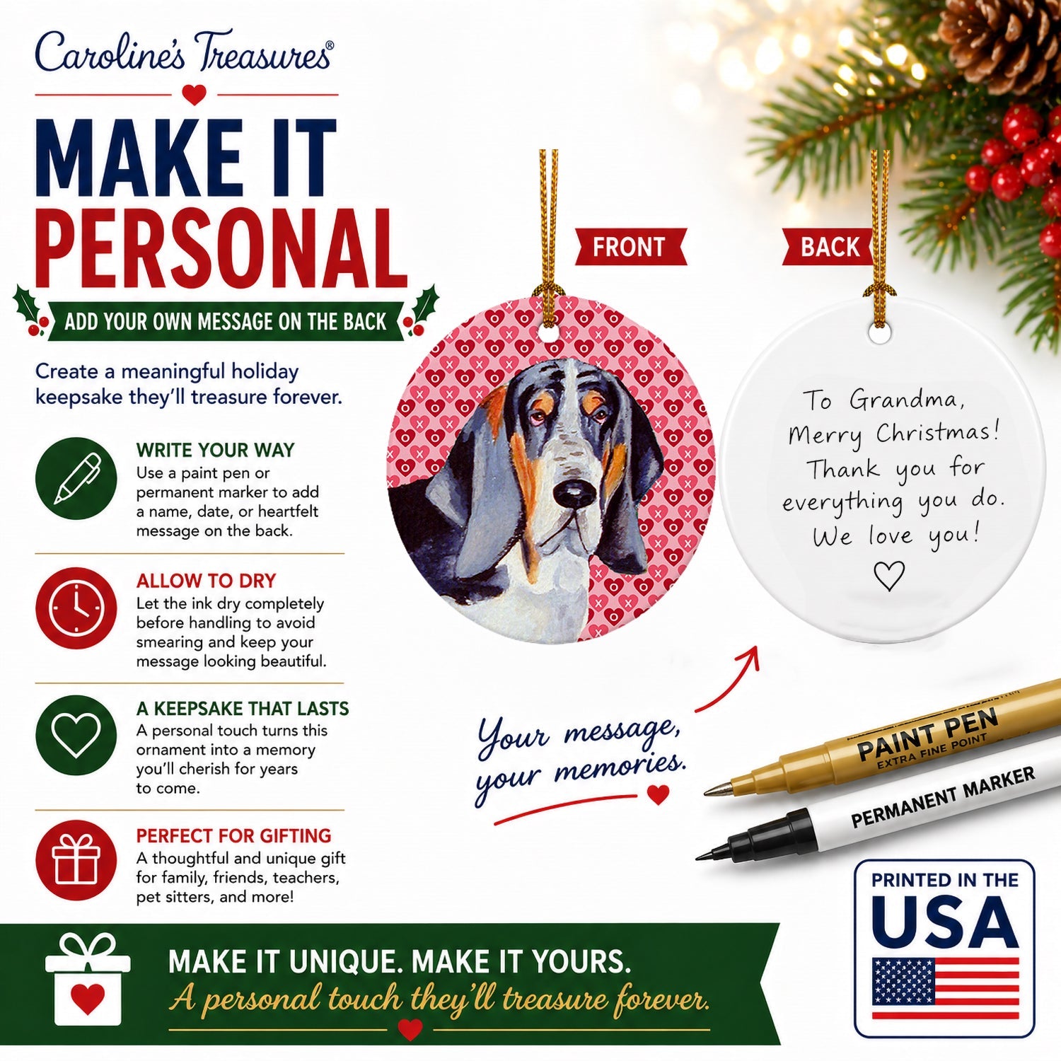 Basset Hound Hearts Love and Valentine's Day Portrait Ceramic Ornament Christmas Tree Hanging Decorations for Home Christmas Holiday, Party, Gift, 3 in, Multicolor