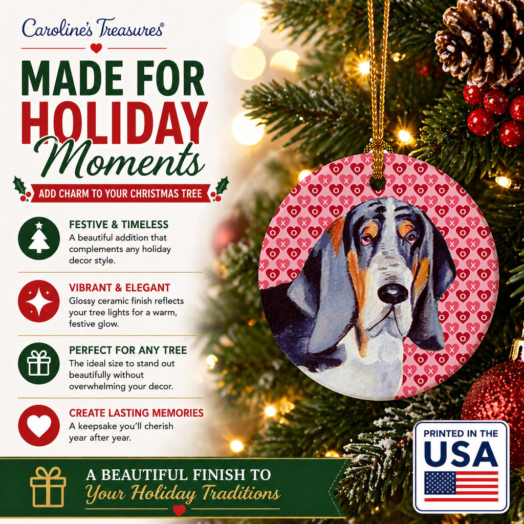 Basset Hound Hearts Love and Valentine's Day Portrait Ceramic Ornament Christmas Tree Hanging Decorations for Home Christmas Holiday, Party, Gift, 3 in, Multicolor