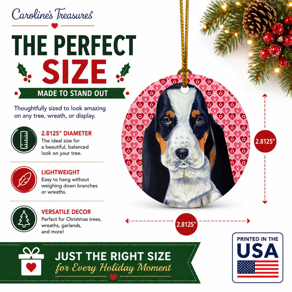 Basset Hound Hearts Love and Valentine's Day Portrait Ceramic Ornament Christmas Tree Hanging Decorations for Home Christmas Holiday, Party, Gift, 3 in, Multicolor
