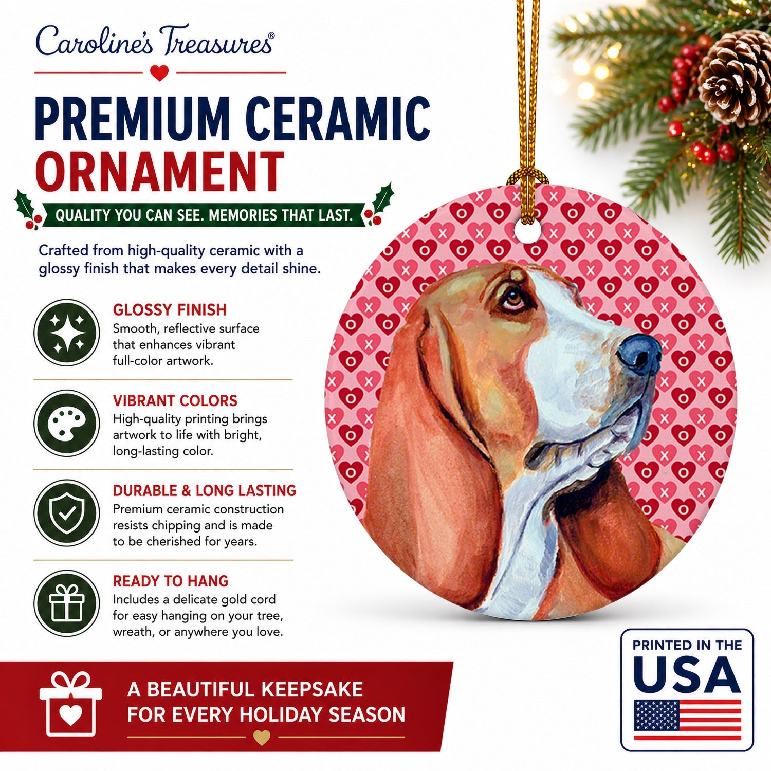 Basset Hound Hearts Love and Valentine's Day Portrait Ceramic Ornament Christmas Tree Hanging Decorations for Home Christmas Holiday, Party, Gift, 3 in, Multicolor