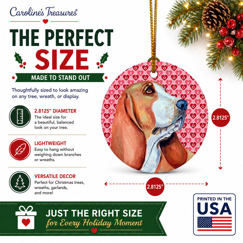 Basset Hound Hearts Love and Valentine's Day Portrait Ceramic Ornament Christmas Tree Hanging Decorations for Home Christmas Holiday, Party, Gift, 3 in, Multicolor