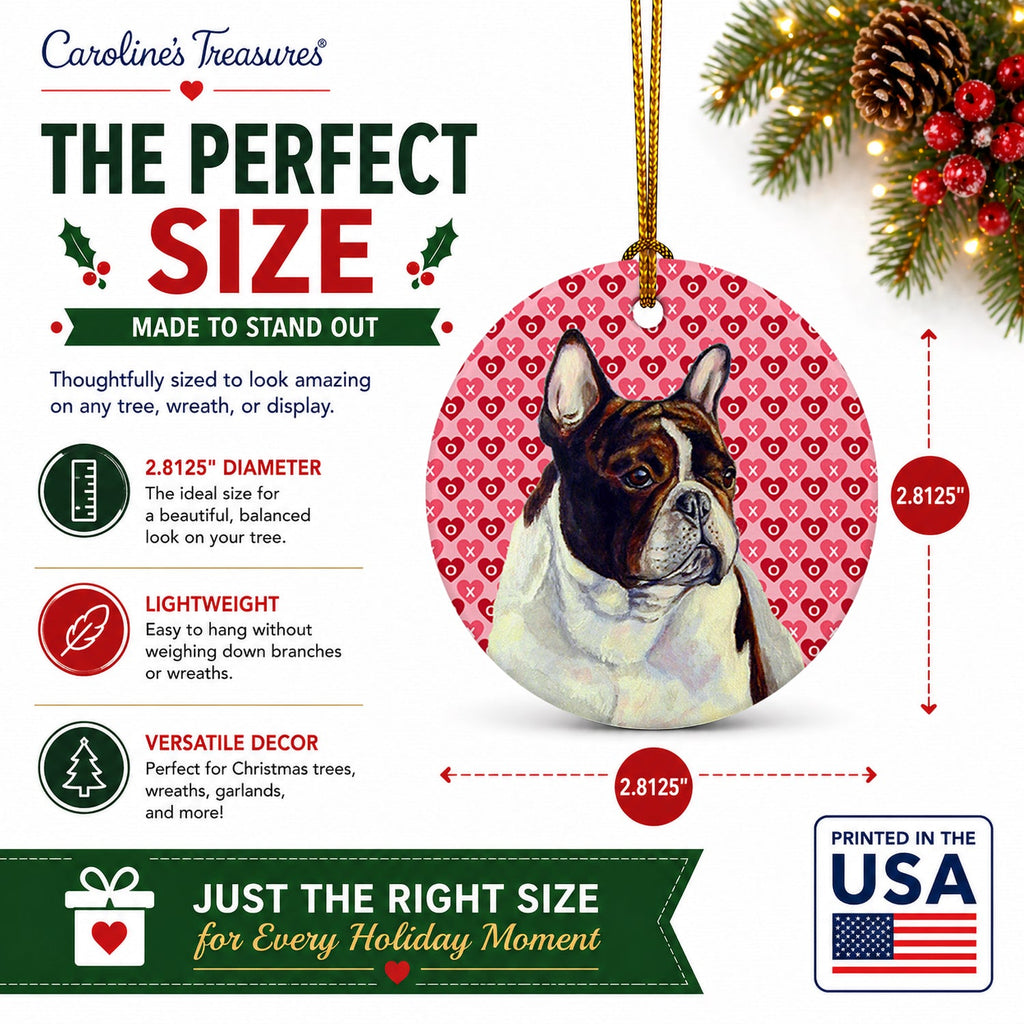 French Bulldog Hearts Love and Valentine's Day Portrait Ceramic Ornament Christmas Tree Hanging Decorations for Home Christmas Holiday, Party, Gift, 3 in, Multicolor