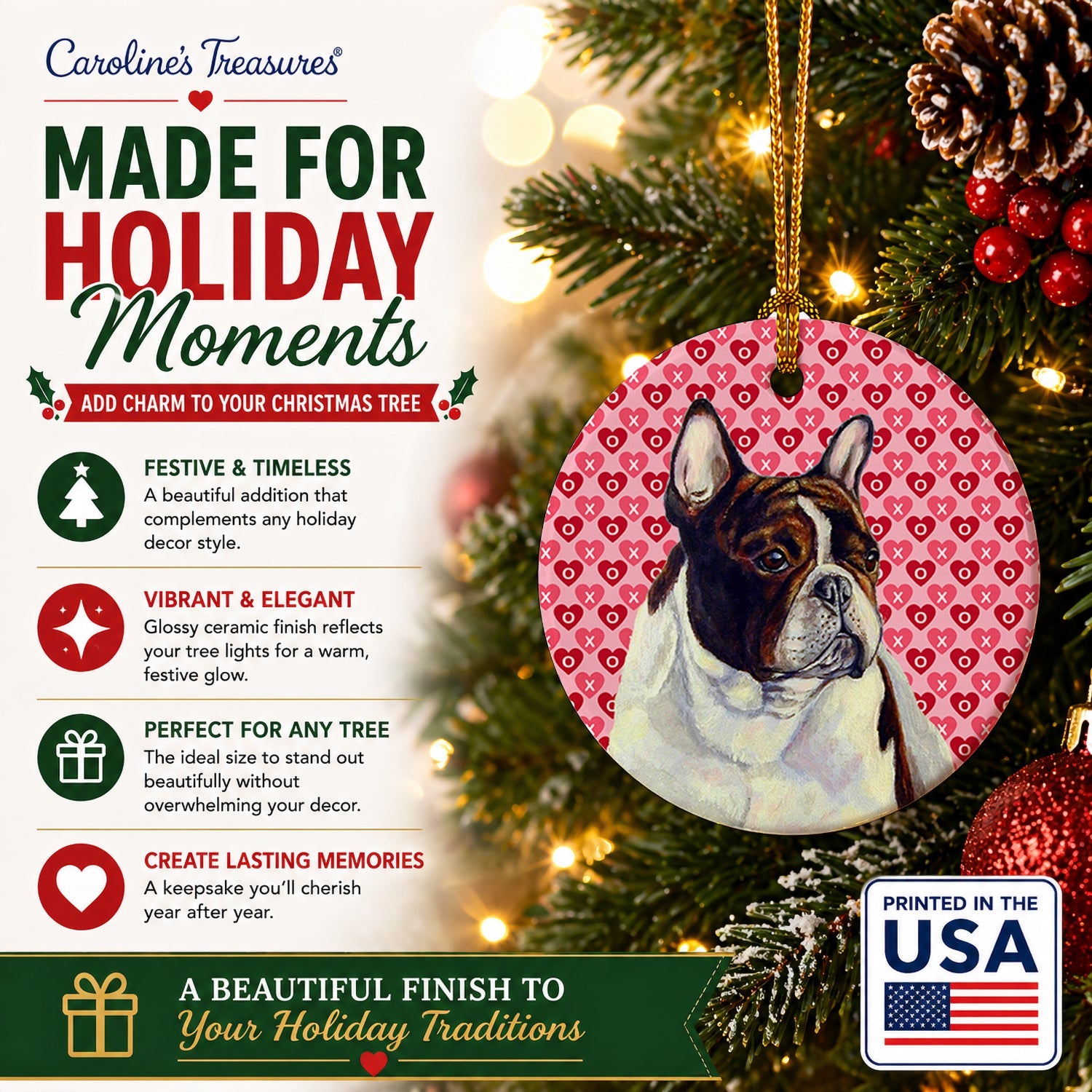 French Bulldog Hearts Love and Valentine's Day Portrait Ceramic Ornament Christmas Tree Hanging Decorations for Home Christmas Holiday, Party, Gift, 3 in, Multicolor