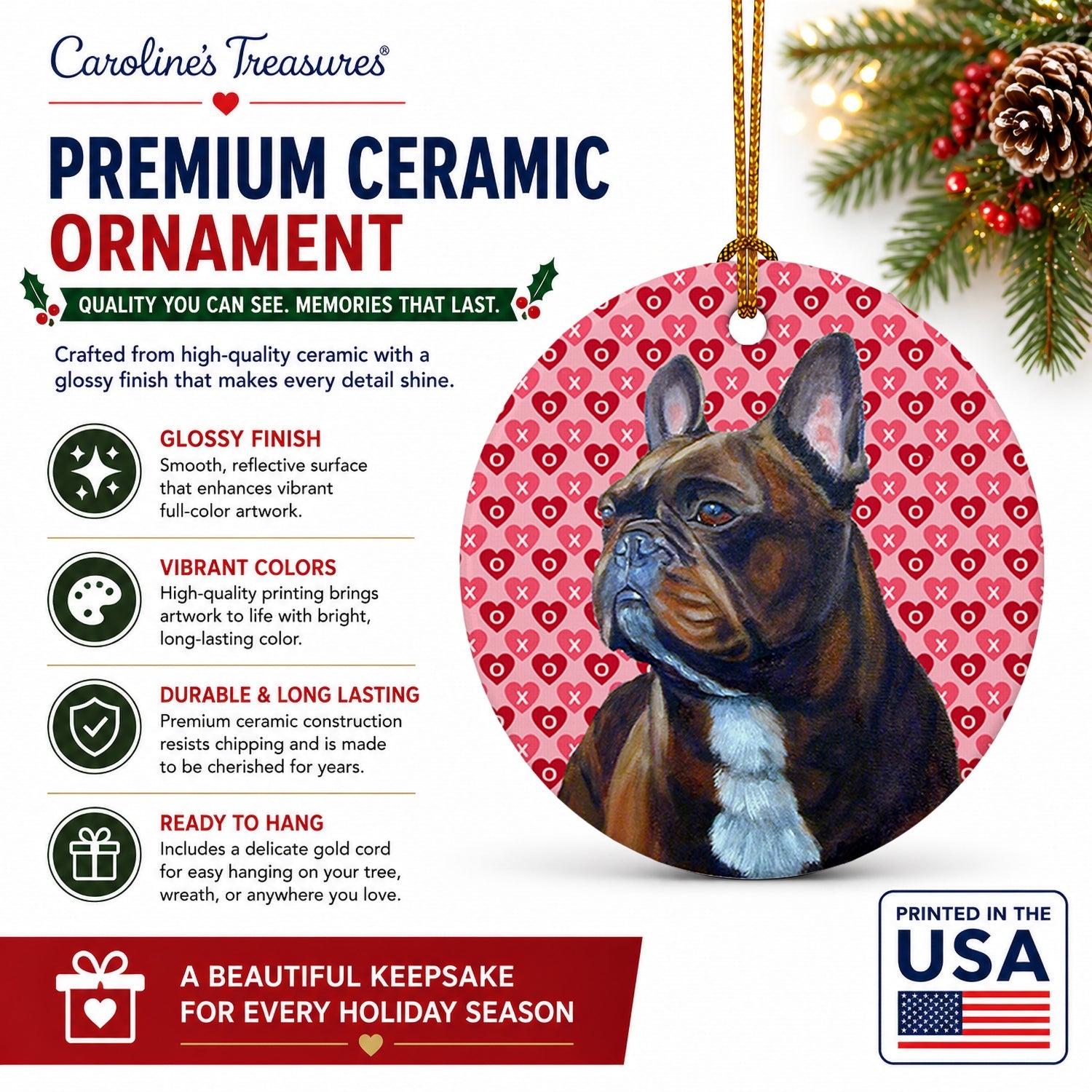 French Bulldog Hearts Love and Valentine's Day Portrait Ceramic Ornament Christmas Tree Hanging Decorations for Home Christmas Holiday, Party, Gift, 3 in, Multicolor