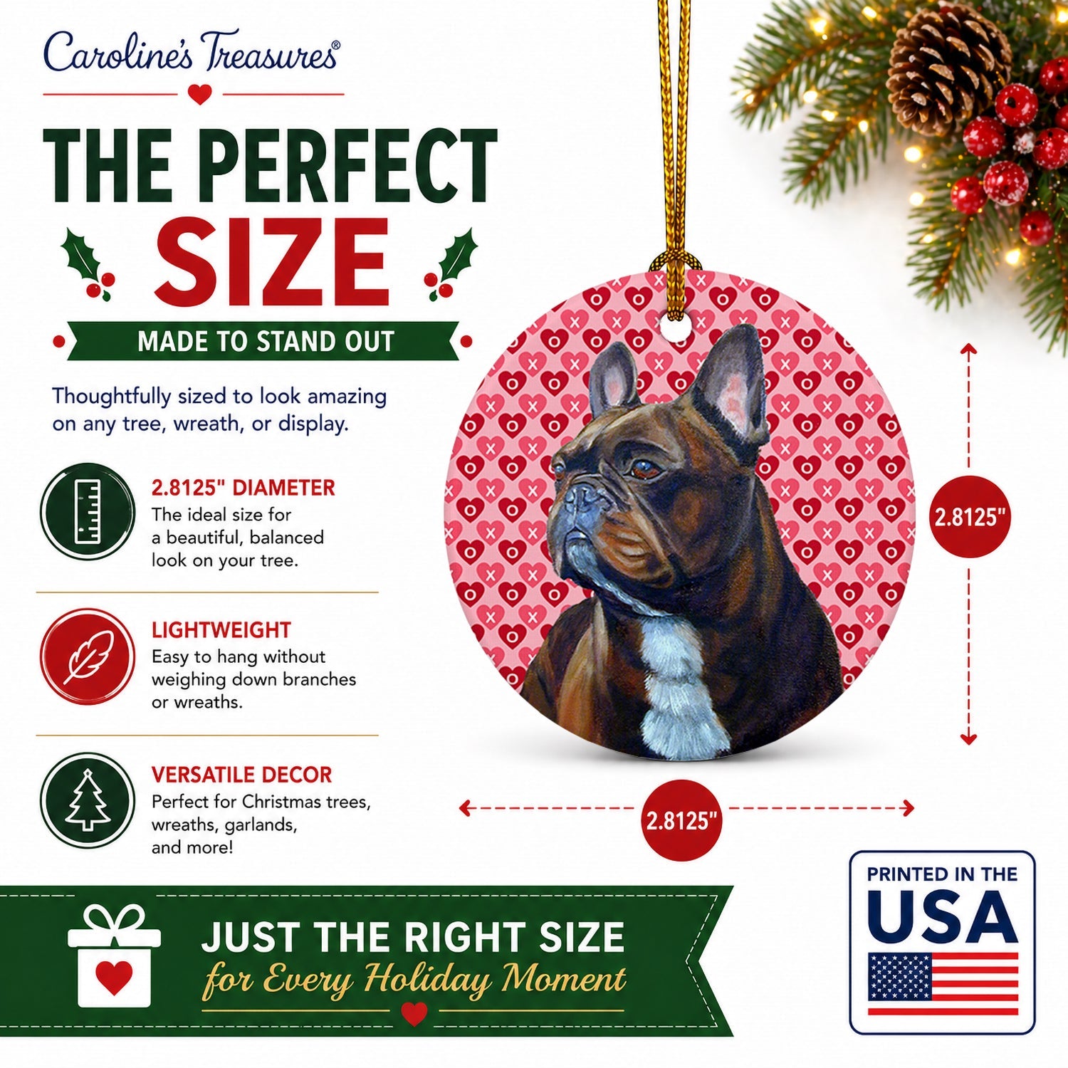 French Bulldog Hearts Love and Valentine's Day Portrait Ceramic Ornament Christmas Tree Hanging Decorations for Home Christmas Holiday, Party, Gift, 3 in, Multicolor