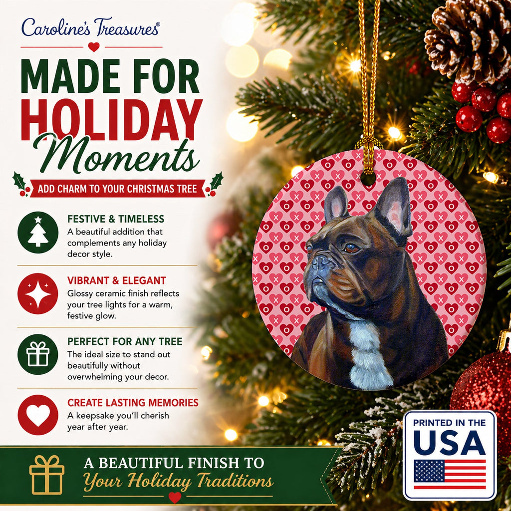 French Bulldog Hearts Love and Valentine's Day Portrait Ceramic Ornament Christmas Tree Hanging Decorations for Home Christmas Holiday, Party, Gift, 3 in, Multicolor